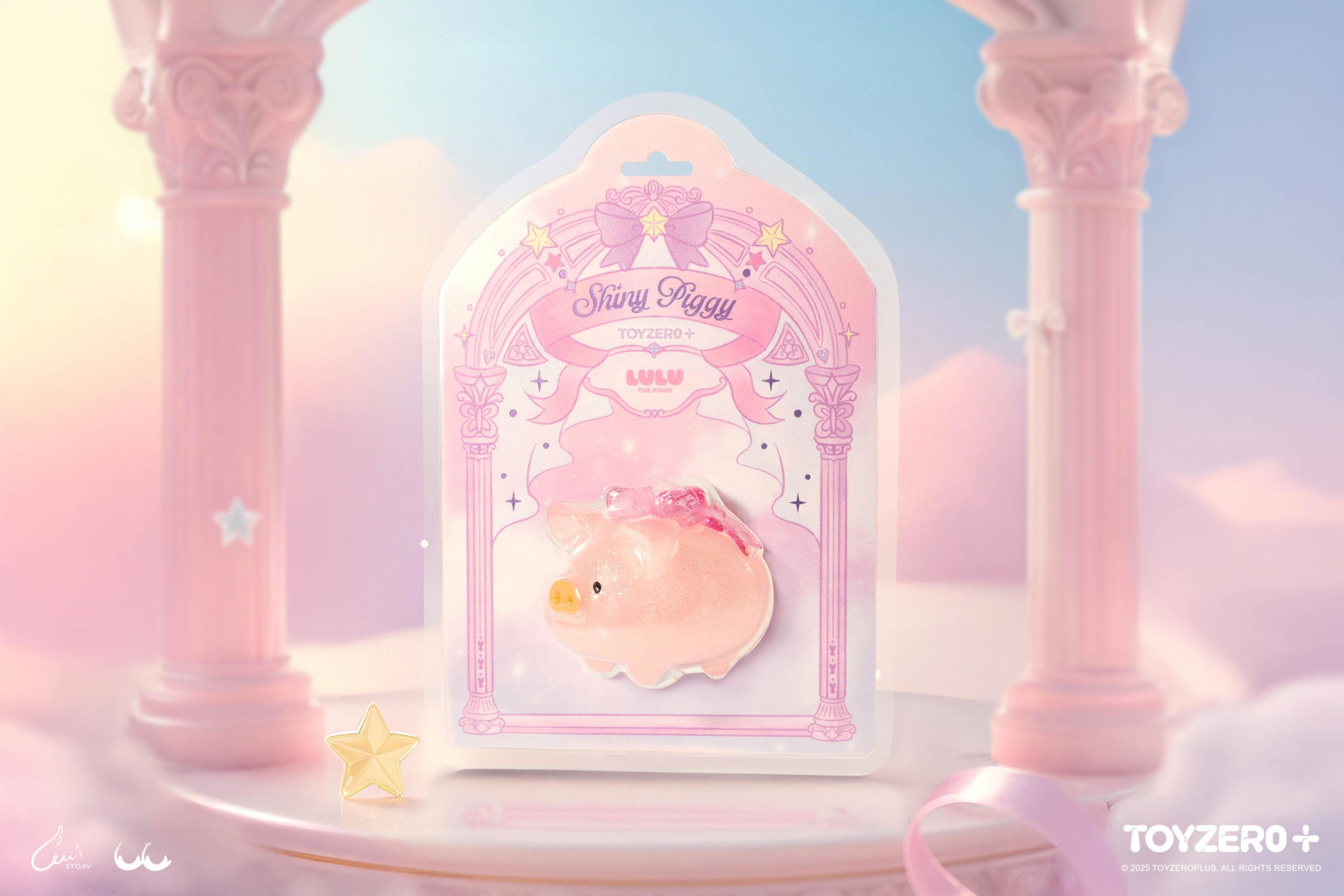 LuLu the Piggy - Shiny Piggy collectible in fairy-tale packaging, featuring a glossy pig with a bow. Preorder available at Strangecat Toys.