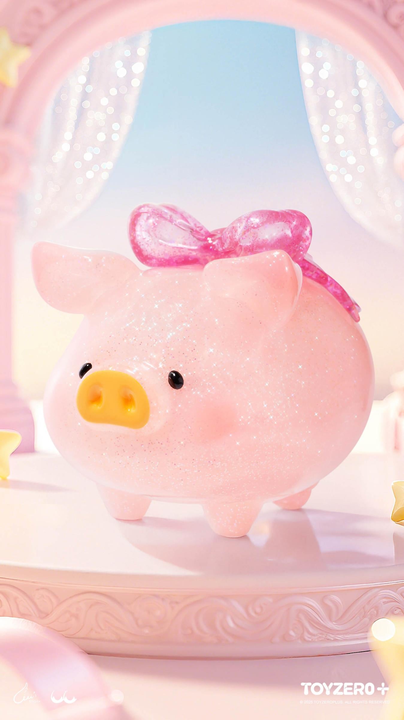 LuLu the Piggy - Shiny Piggy preorder, pastel-pink figurine with sparkly finish, glossy yellow snout, translucent bow; a charming collectible from Strangecat Toys.