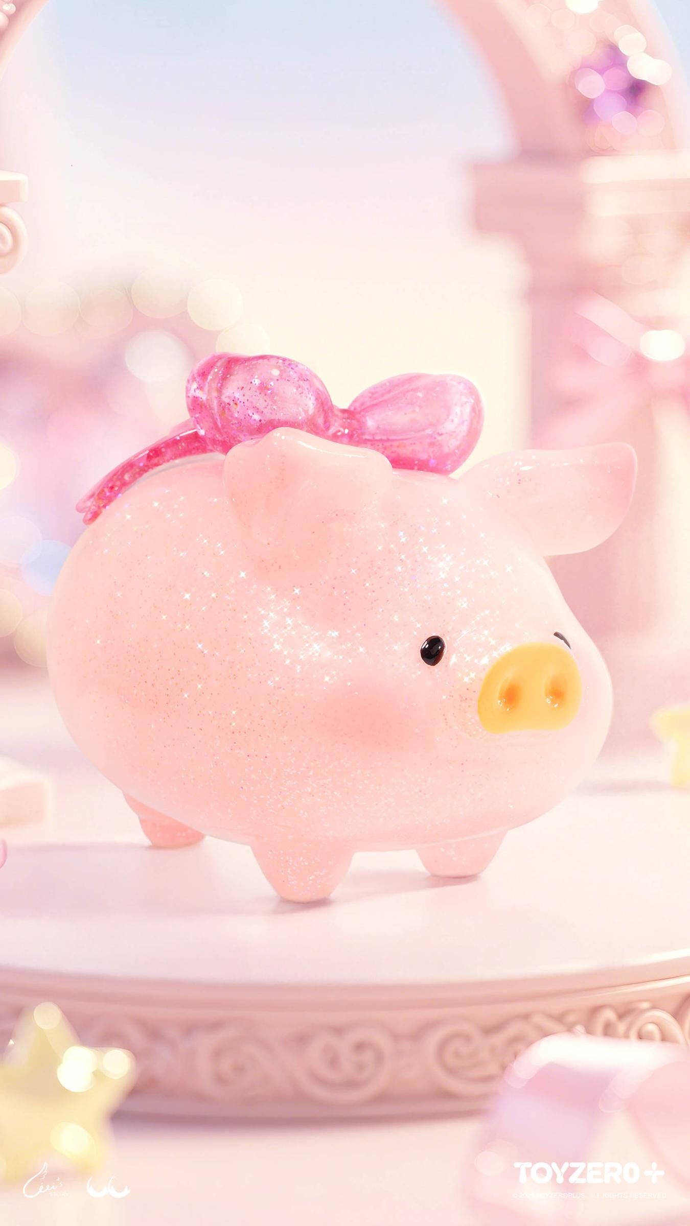 LuLu the Piggy - Shiny Piggy collectible toy, pastel pink with glitter, yellow snout, sparkly bow, preorder for Strangecat Toys, on ornate pedestal.