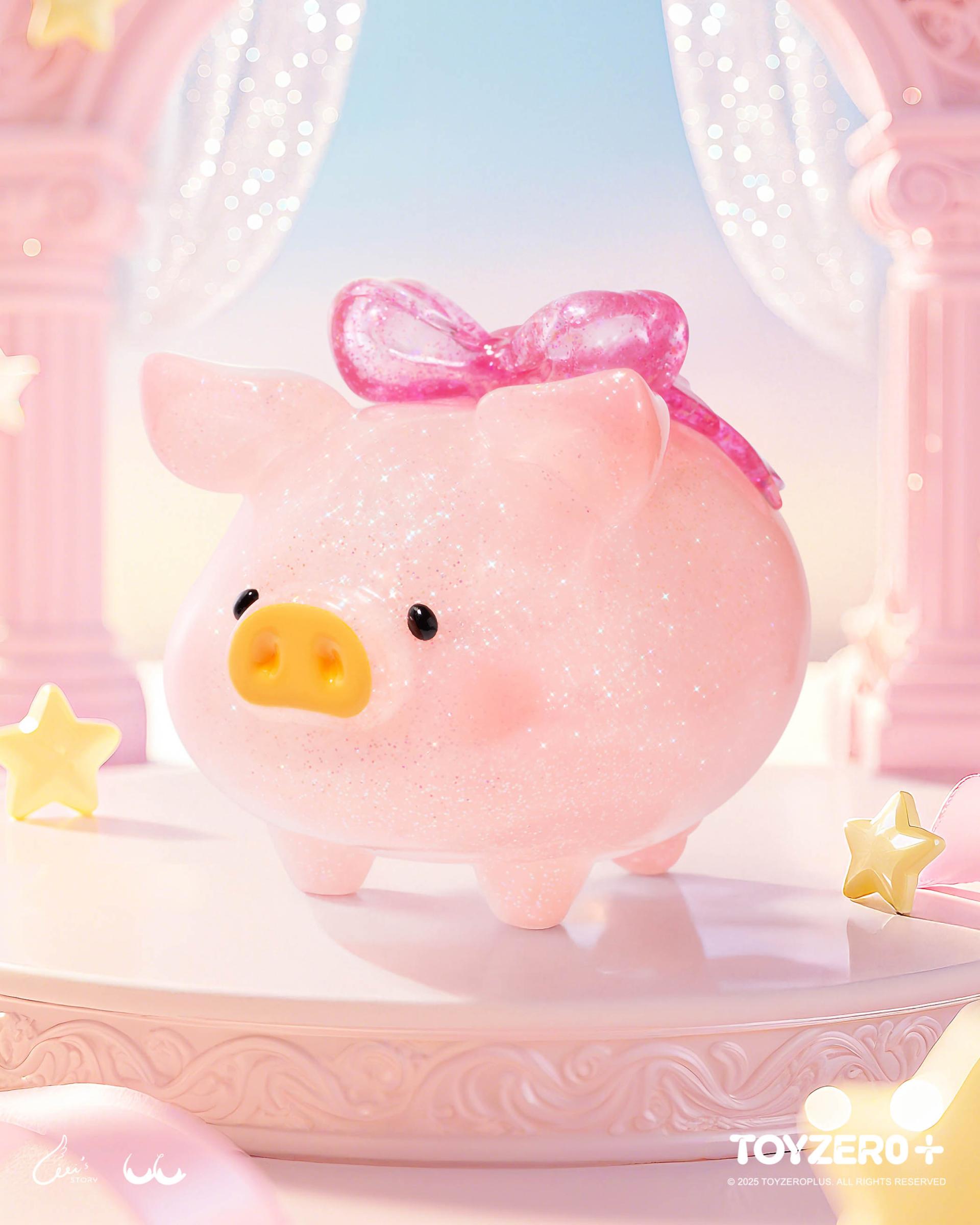 LuLu the Piggy - Shiny Piggy figurine, glittery with a bow, on a decorative platform. Preorder now from Strangecat Toys.