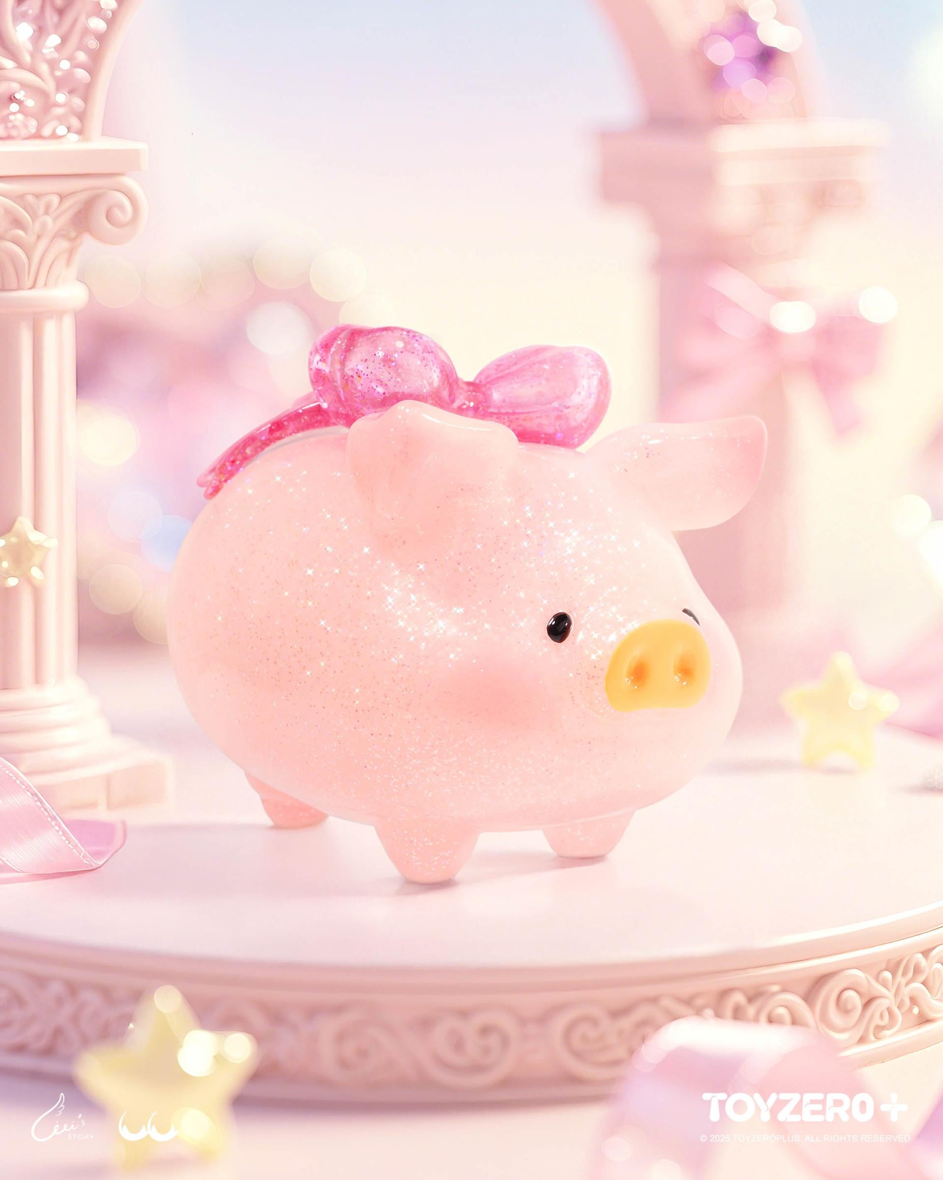LuLu the Piggy - Shiny Piggy - Preorder: A pastel-pink pig figurine with glitter, featuring a translucent sparkly bow, displayed on an ornate platform, ideal for collectors.