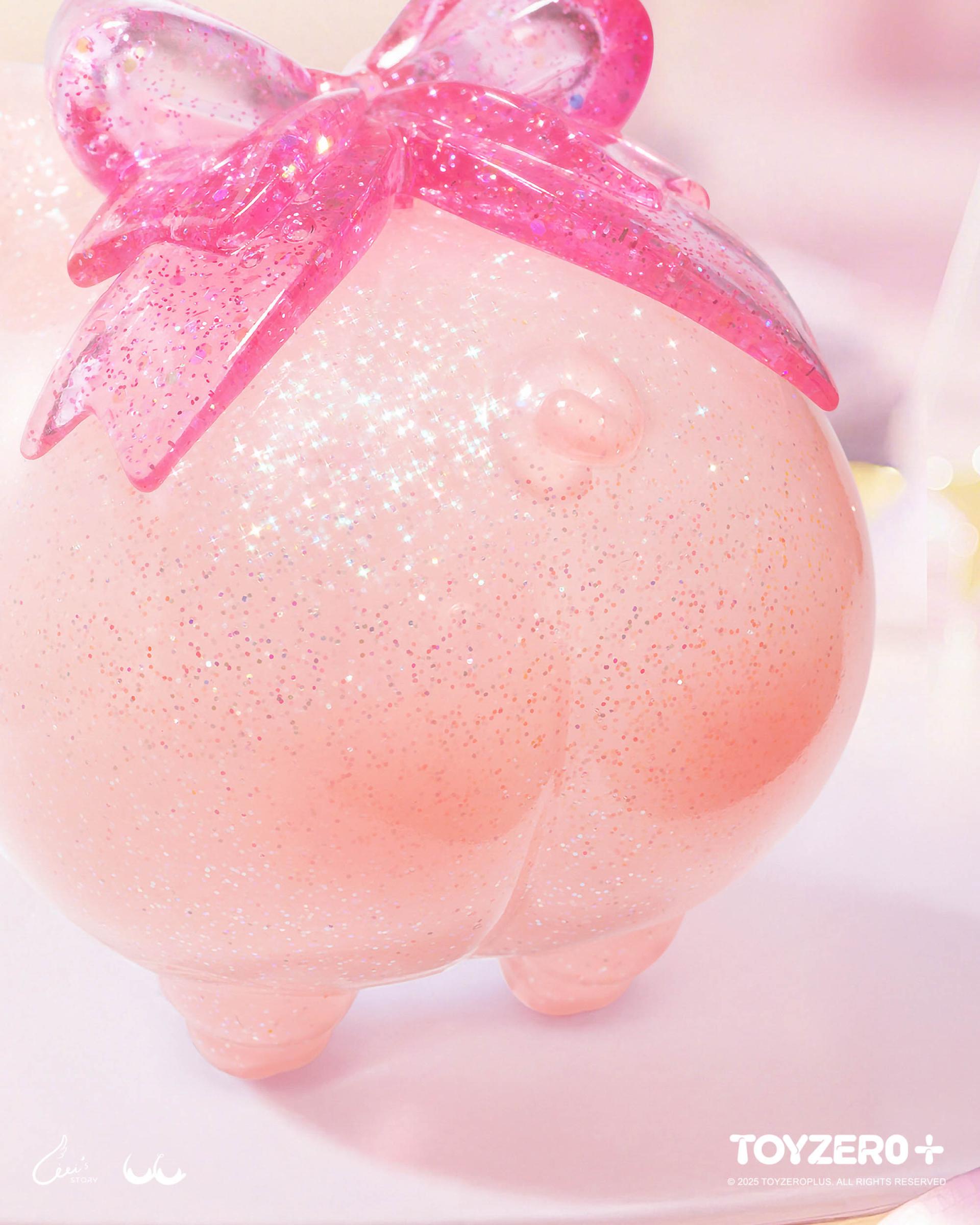 LuLu the Piggy - Shiny Piggy - Preorder: A glittery pink, peach-shaped vinyl figure with a sparkly bow, part of ToyZero+'s designer toy series.