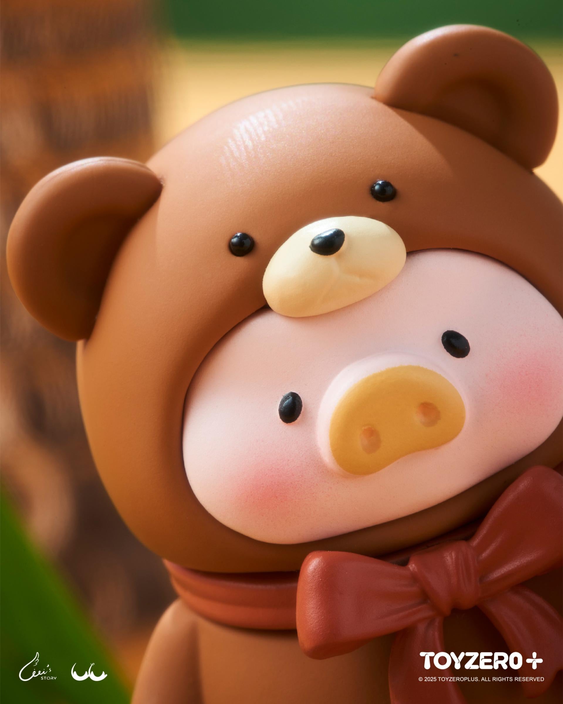 LuLu the Piggy - Teddy MINI Limited Edition (Milk Tea Festa) features a pig in a bear costume with a red bow, showcased as a collectible art toy.