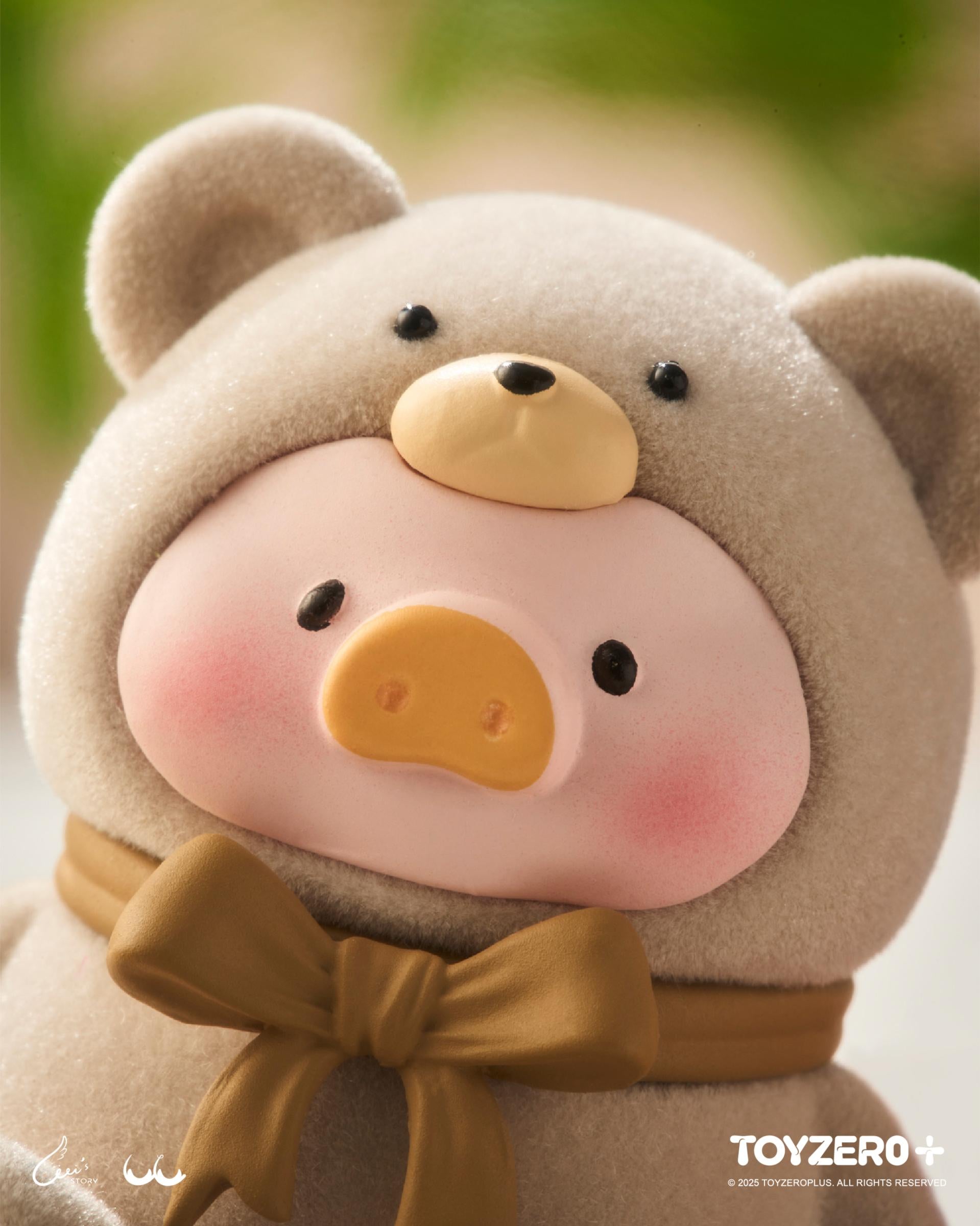 LuLu the Piggy - Teddy MINI Limited Edition (Milk Tea Festa) in a fuzzy bear hood, featuring a chubby-cheeked pig with a mustard bow, by TOYZERO+.