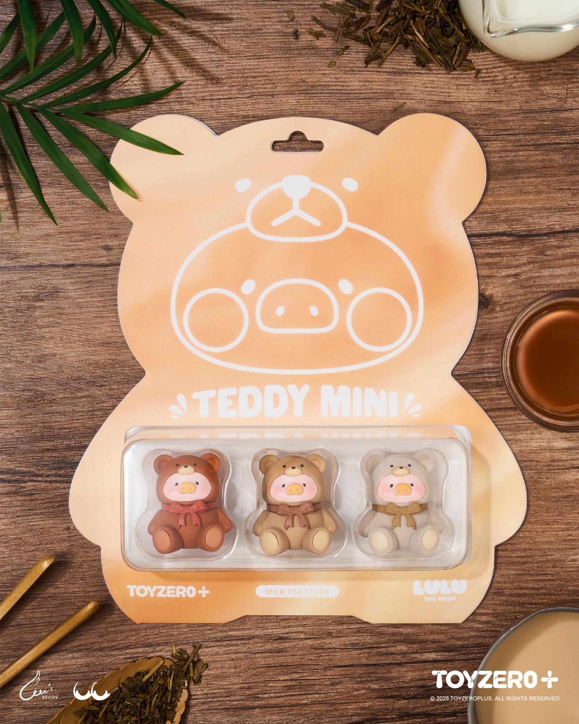 LuLu the Piggy - Teddy MINI Limited Edition (Milk Tea Festa) set, featuring three pig-in-teddy figures on a tea-themed display, available for preorder.