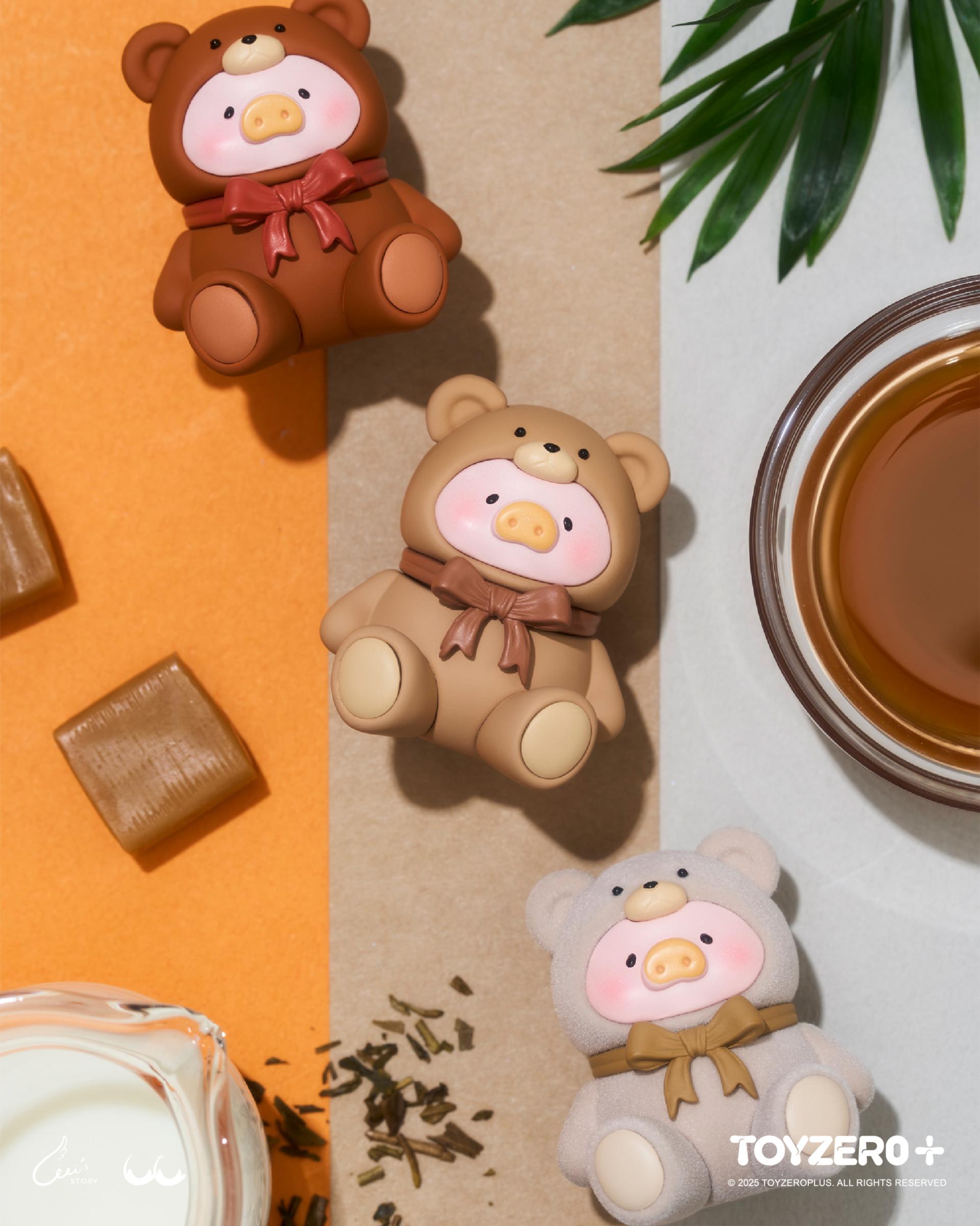 LuLu the Piggy - Teddy MINI Limited Edition figures in bear-suits, with milk and tea setup, showcasing the whimsical designs. Preorder for October 2025.