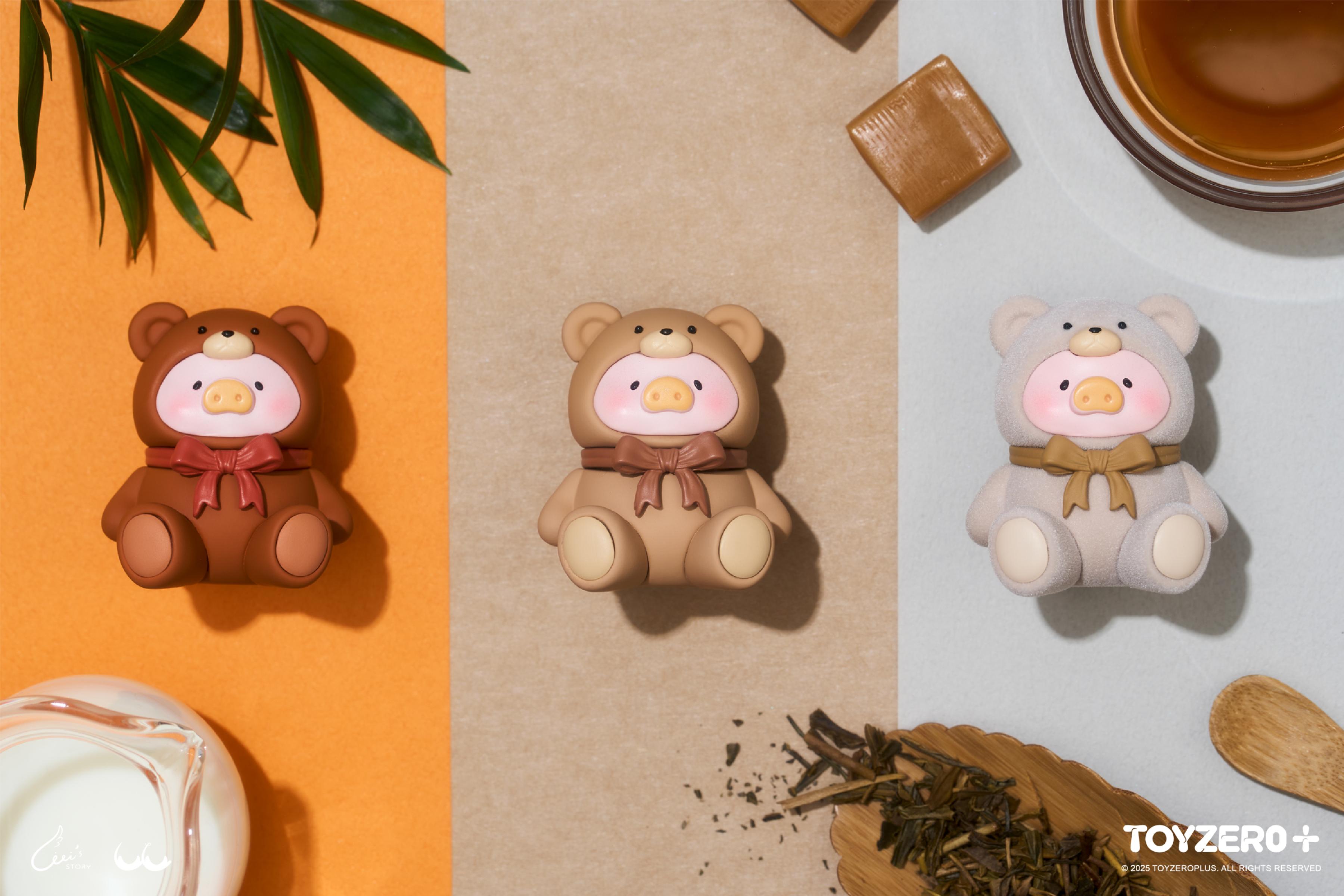 LuLu the Piggy - Teddy MINI Limited Edition figures in bear costumes, surrounded by tea-time props, featuring chocolate, tan, and gray outfits. Preorder now.