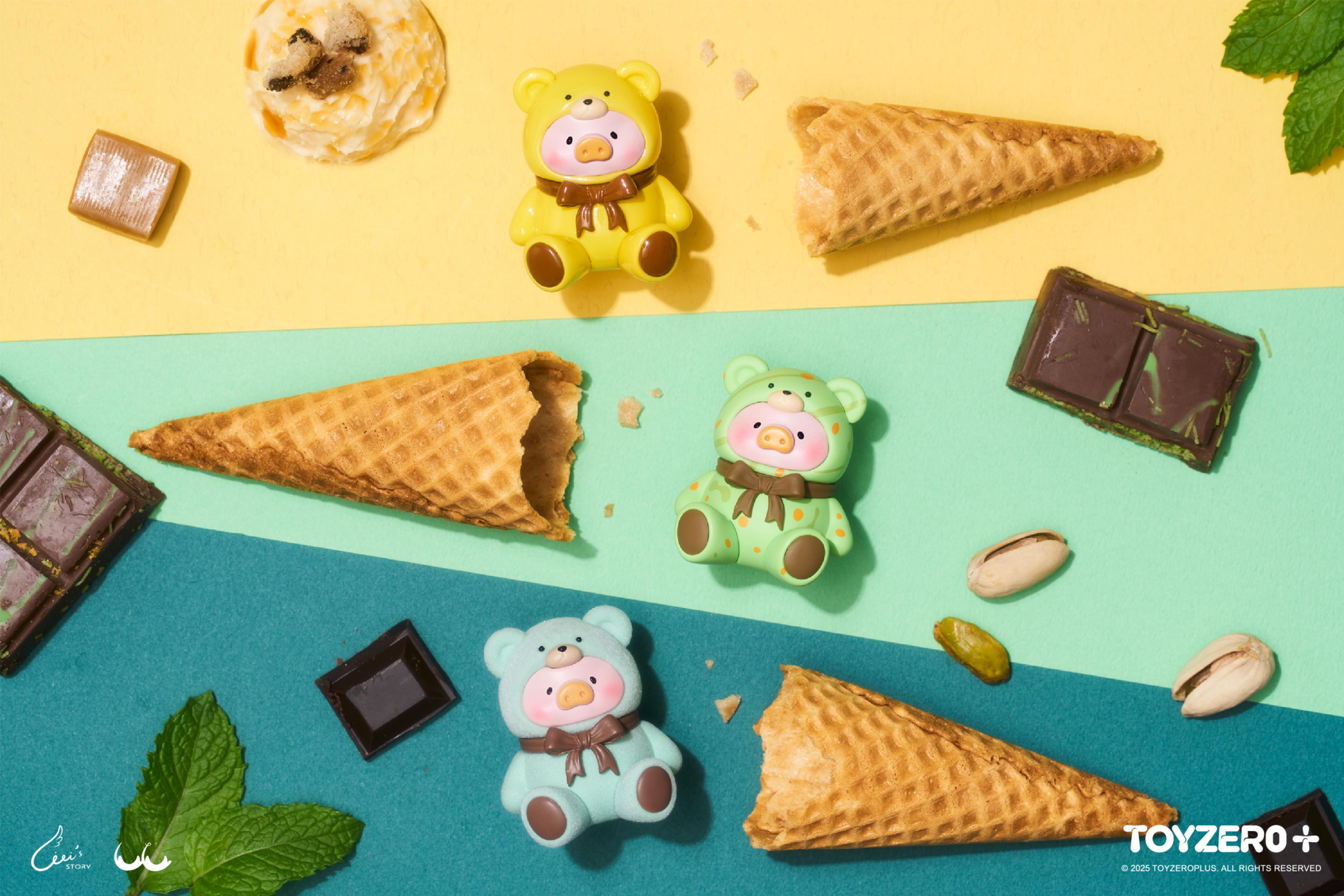 LuLu the Piggy - Teddy MINI Limited Edition (Summer Chill) figures styled as sweet treats with broken waffle cones, chocolate, ice cream, pistachios, and mint leaves.