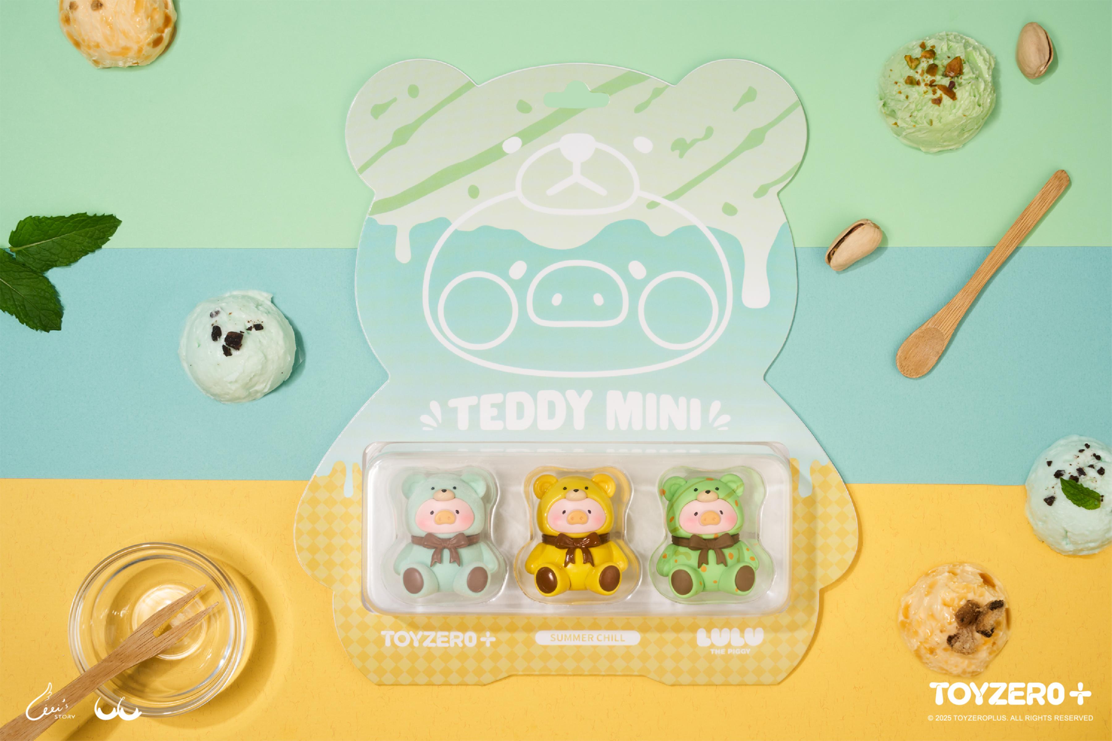 LuLu the Piggy - Teddy MINI Limited Edition (Summer Chill) figures in blister pack, featuring pastel variants with bows, surrounded by themed props for preorder.