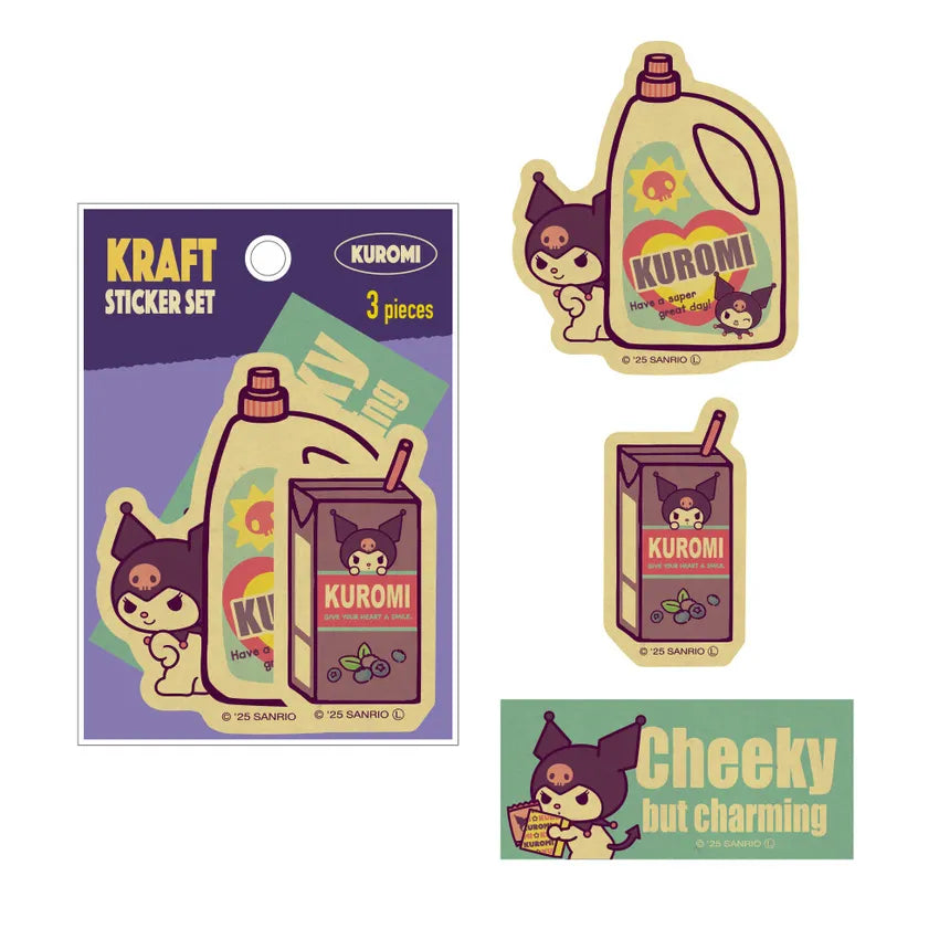 Sanrio Characters Craft Sticker Set Retro Market featuring Kuromi in detergent, juice-box, and snack-holding banner designs, ideal for collectors.