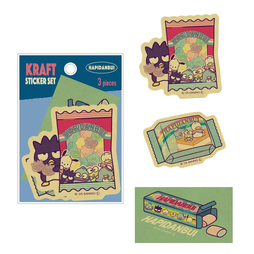 Sanrio Characters Craft Sticker Set Retro Market: three die-cut stickers resembling snack packaging, featuring HAPIDANBUI characters like Badtz-Maru, Pochacco, and Keroppi.
