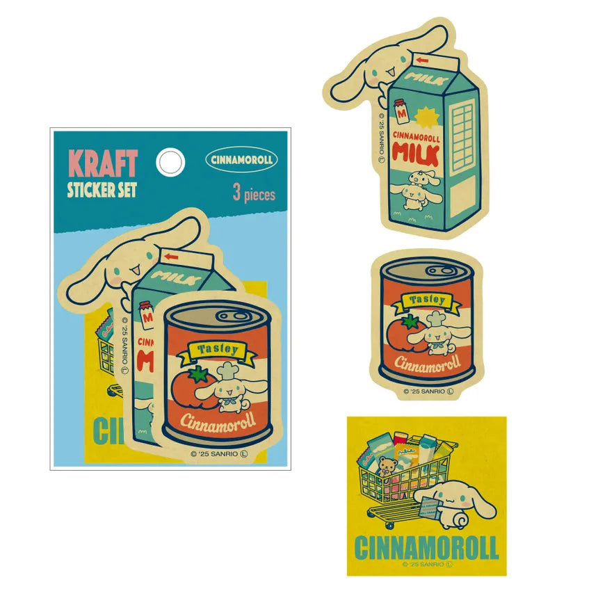 Sanrio Characters Craft Sticker Set Retro Market featuring Cinnamoroll designs: milk carton, chef tin can, grocery cart. Packaged in a 3-piece header card.