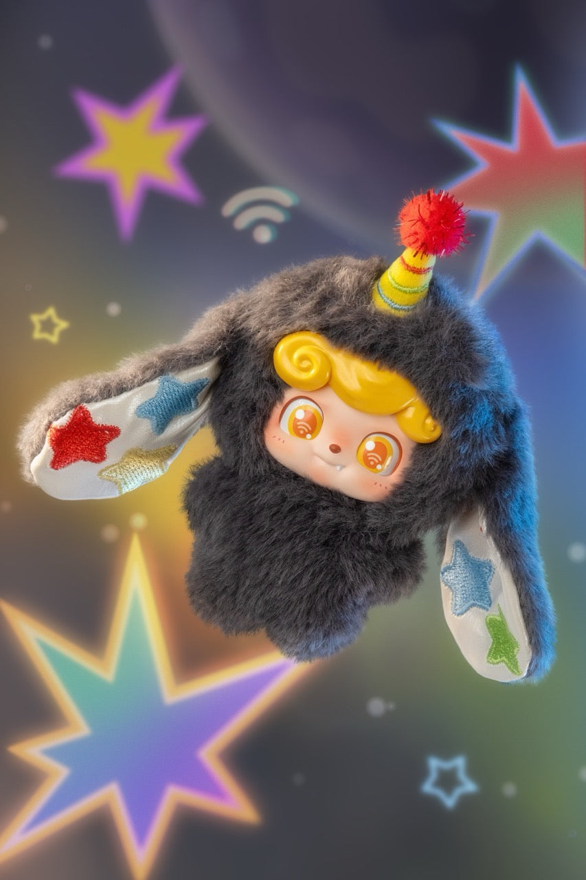 Q. Kid Wave Club Series Plush Blind Box: Fuzzy creature with big eyes, curly hair, floppy star-decorated ears, and party hat, floating in a whimsical starry scene.