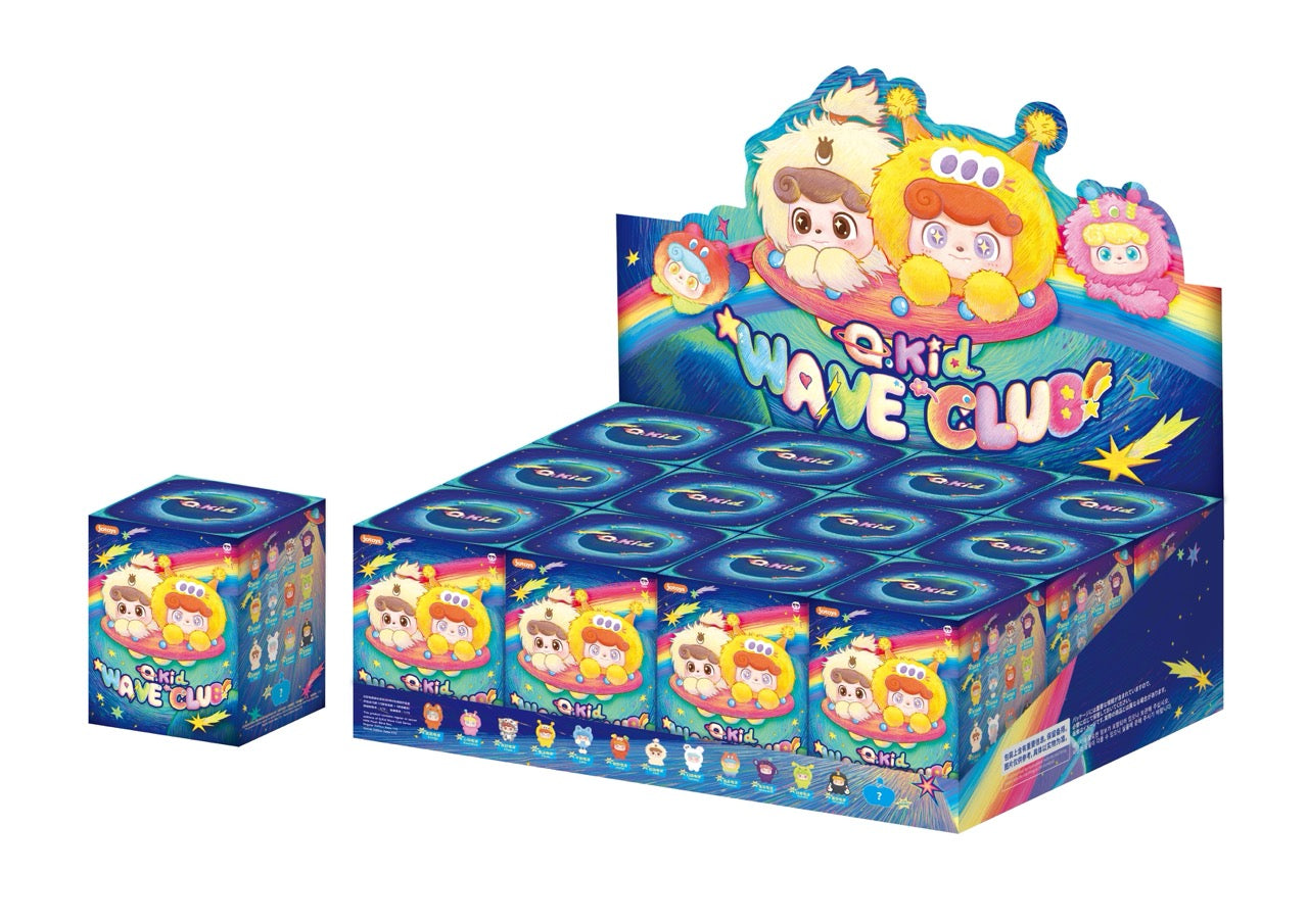 Q. Kid Wave Club Series Plush Blind Box display with 12 mystery boxes featuring cartoon characters in costume helmets, showcasing collectible mini figures.