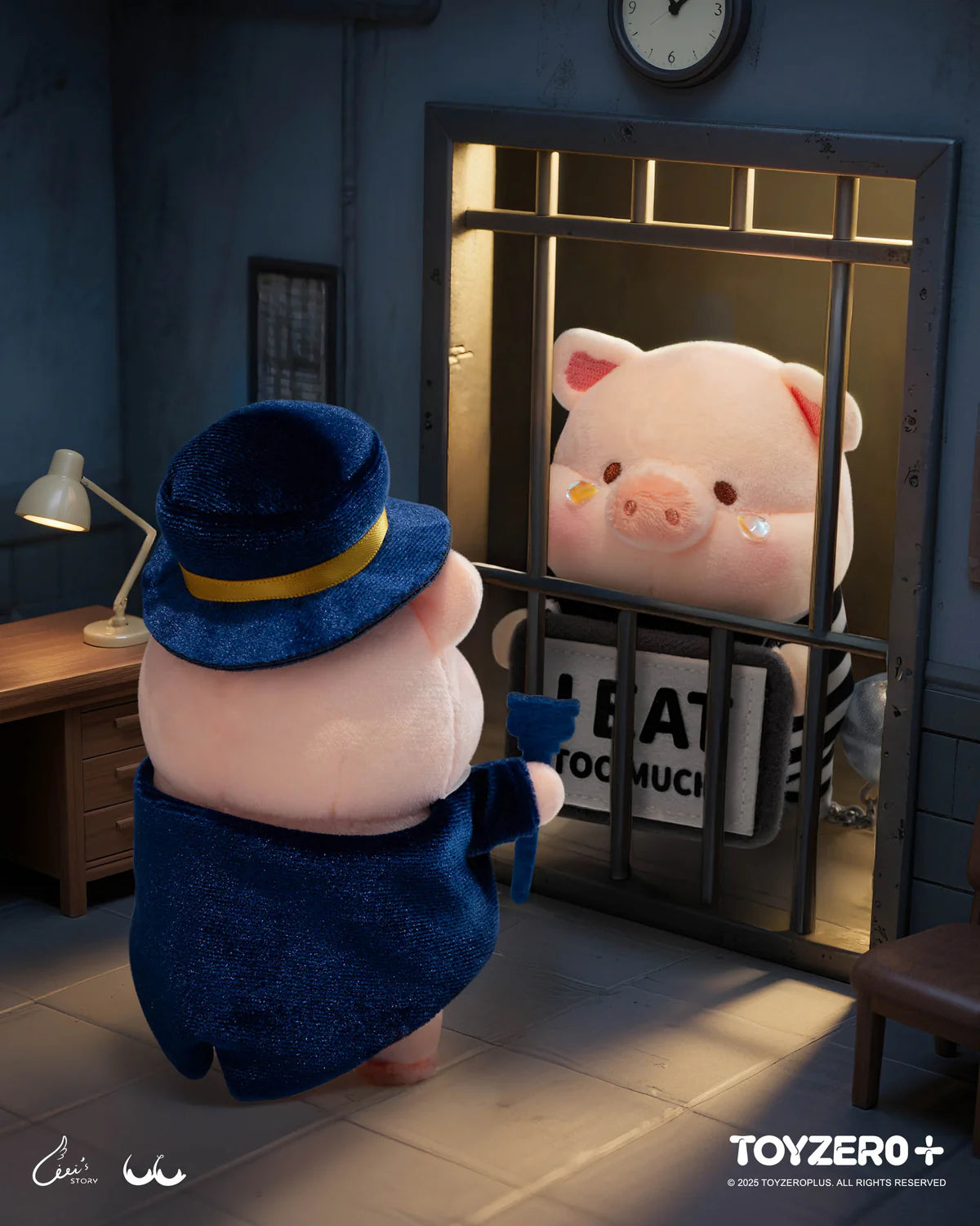 LuLu the Piggy LuLuLand - Too Cute to Jail Prisoner Lu plush keychain, featuring a plush pig officer and prisoner in a whimsical jail-cell scene. Preorder now.