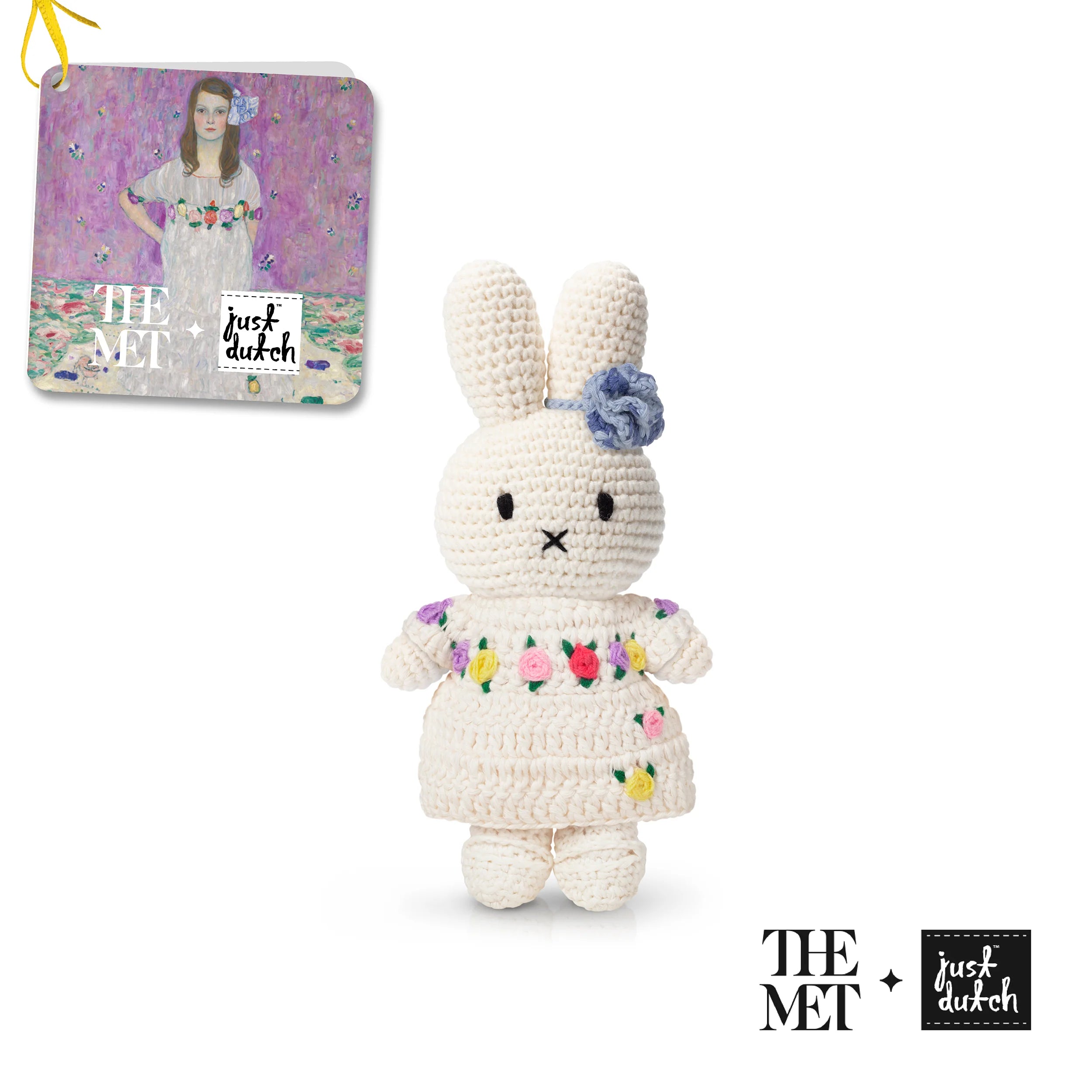 Miffy in her Gustav Klimt Mäda Primavesi Inspired Dress, a handmade crocheted soft toy with embroidered eyes, 100% cotton fabric, and CE certified, perfect for ages 6 months and up.