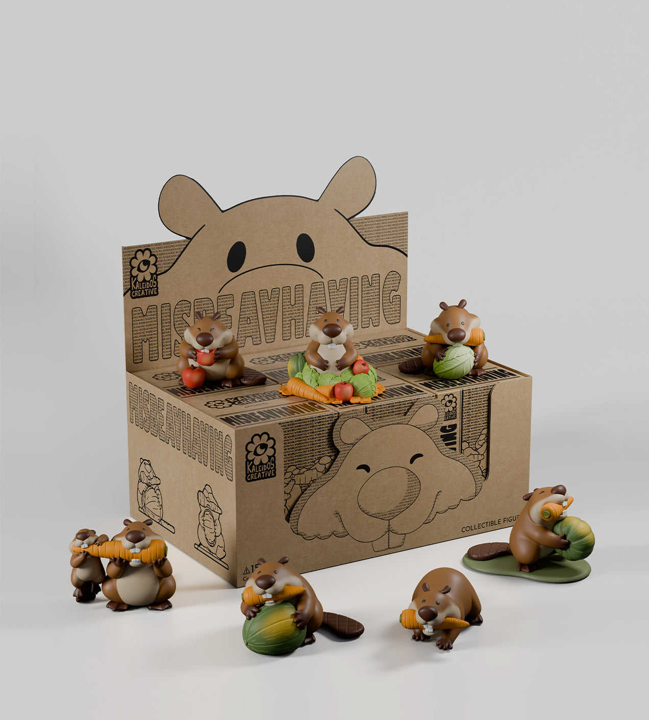 MISBEAVHAVING Blind Box featuring beavers collecting fruits, part of a PVC toy series with eco-friendly packaging, available for preorder at Strangecat Toys.