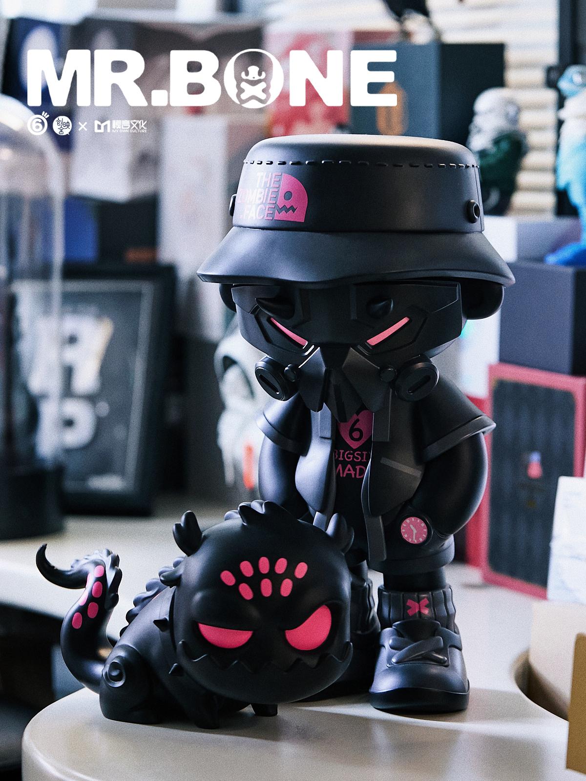 MR.BONE- 400% BLACK zombie dog figure, featuring pink eyes and a black hat, made from PVC/ABS/Resin, stands 9 inches tall, limited to 400 pieces.