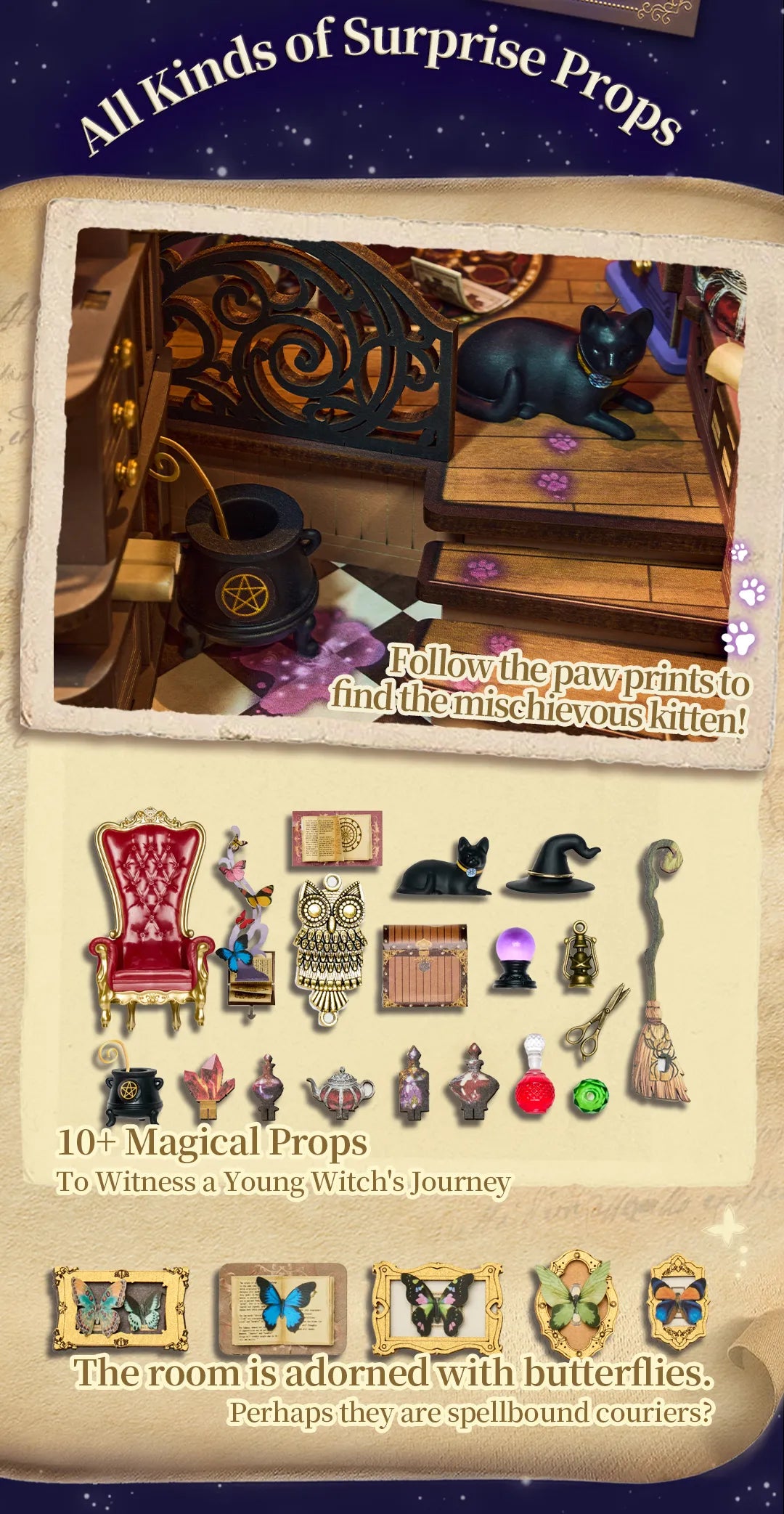 Rolife DIY Book Nook - Magic Fantasy Corner TGB14: A witch-themed diorama kit with magical props like a throne, spellbook, and cauldron, featuring a mischievous kitten scene.