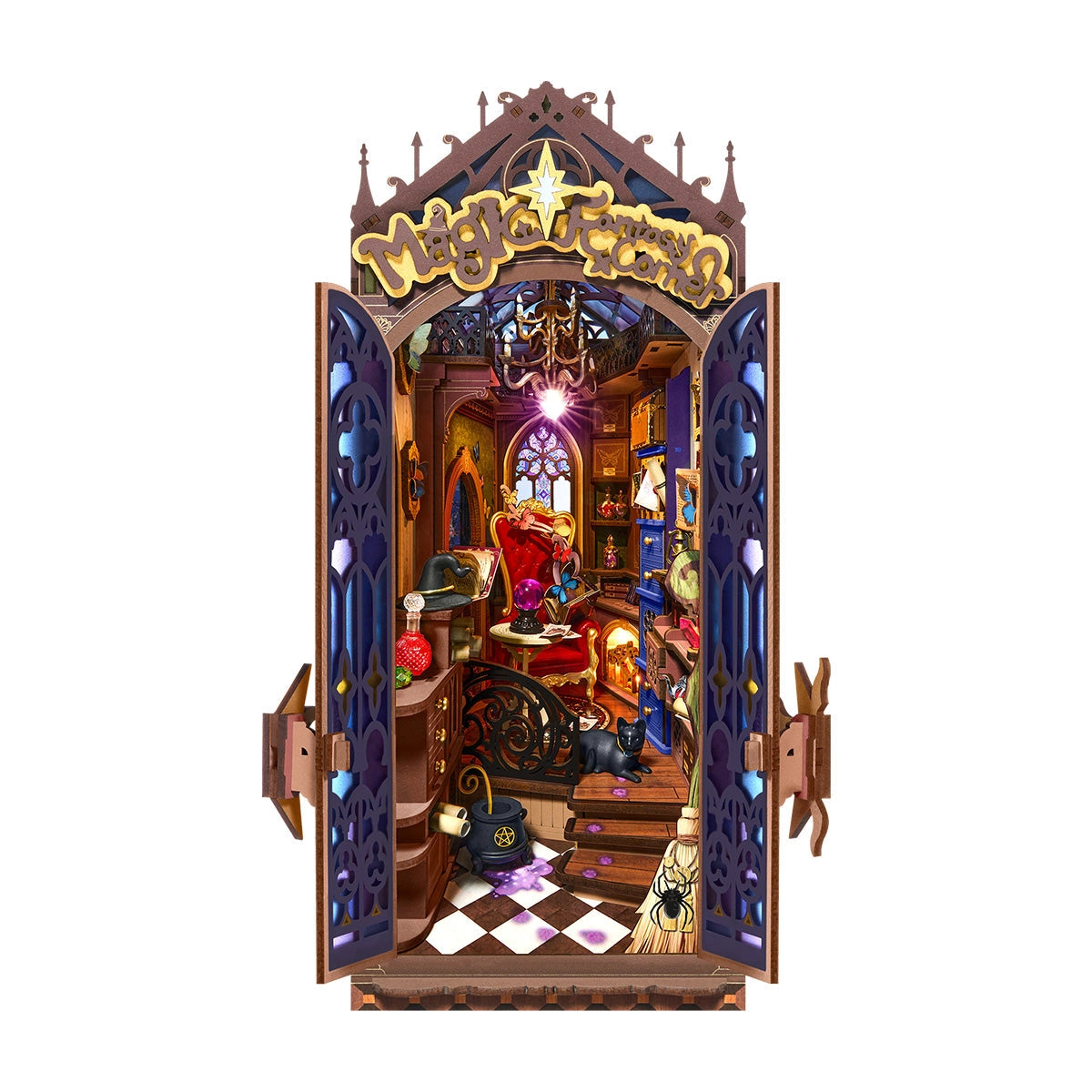 Rolife DIY Book Nook - Magic Fantasy Corner TGB14: A miniature wizard's study with a plush chair, spellbooks, glowing crystal ball, bubbling cauldron, and gothic details.