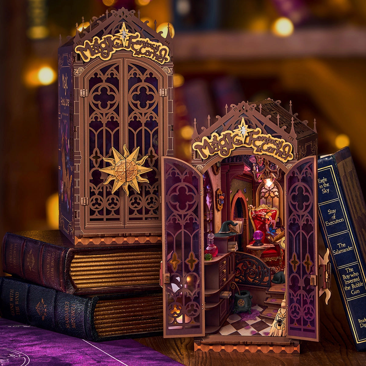 Rolife DIY Book Nook - Magic Fantasy Corner TGB14: A miniature wizard's study in a cabinet-style box, featuring books, crystal ball, and enchanted decor.
