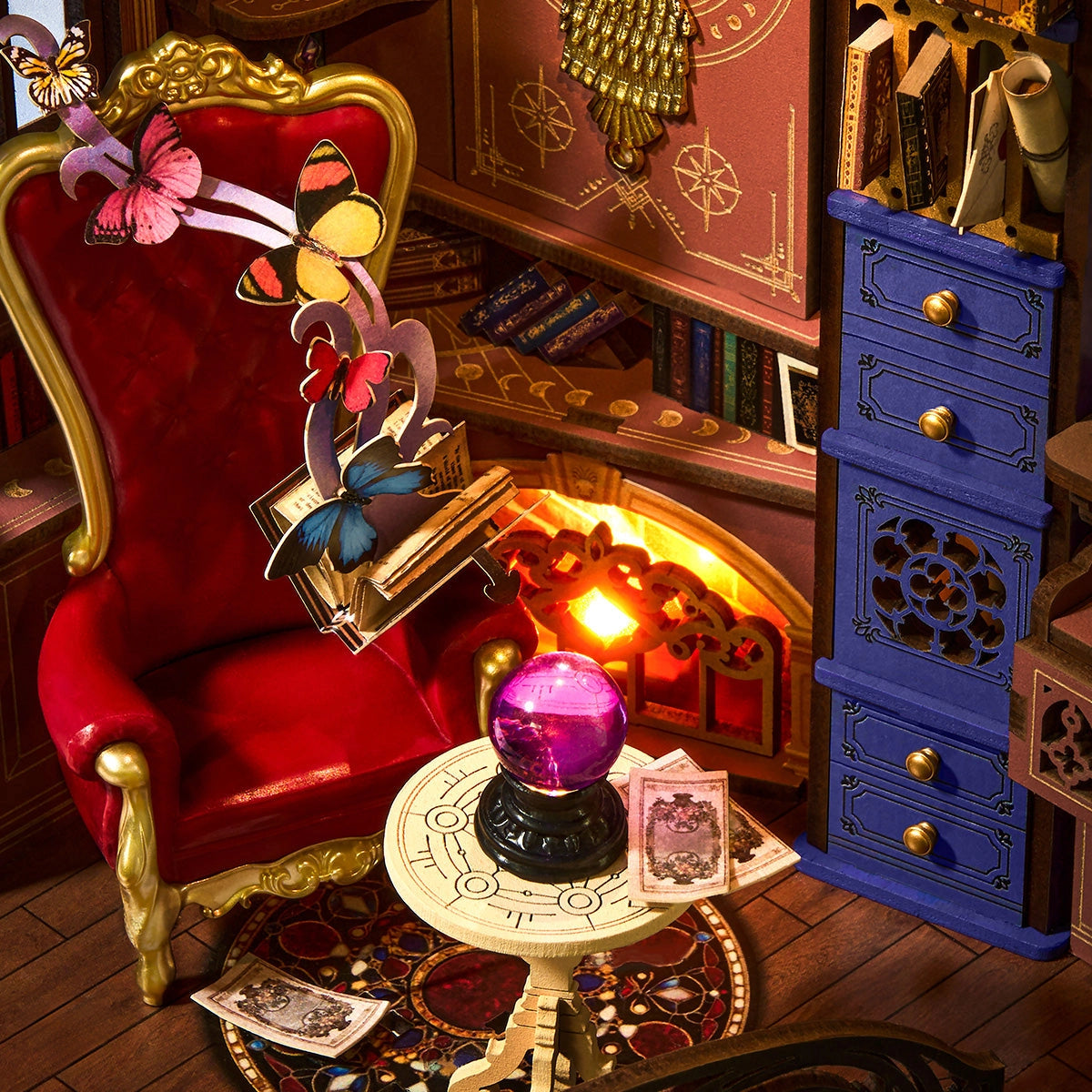 Rolife DIY Book Nook - Magic Fantasy Corner TGB14, a miniature mystical diorama featuring a tarot table, crystal ball, velvet armchair, and enchanting book, perfect for Halloween-themed creativity.