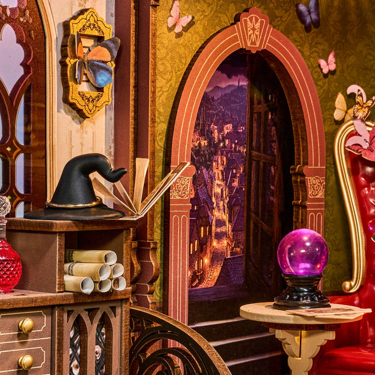 Rolife DIY Book Nook - Magic Fantasy Corner TGB14: A miniature wizard's study with a hat shelf, crystal ball table, red chair, and medieval backdrop. Perfect for bookshelf decoration.