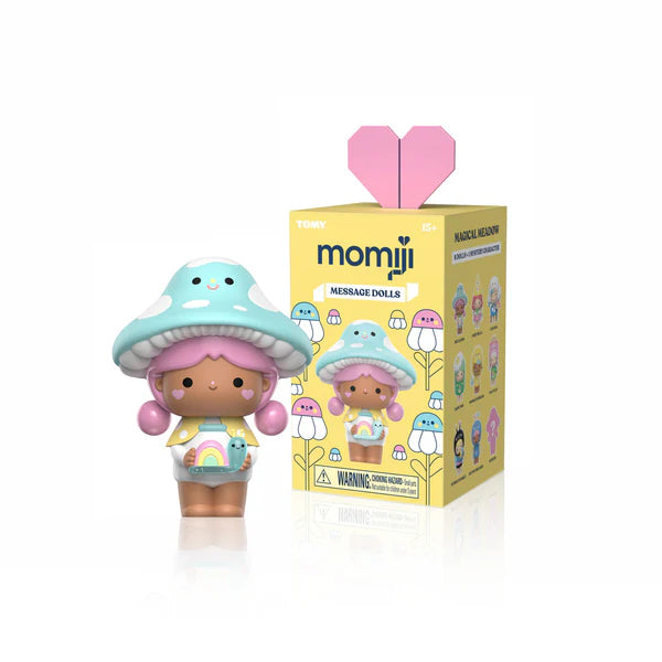 Magical Meadow Momiji Dolls Blind Box Series: A blue mushroom-capped figure with a rainbow, shown with its illustrated yellow box featuring a pop-up heart.