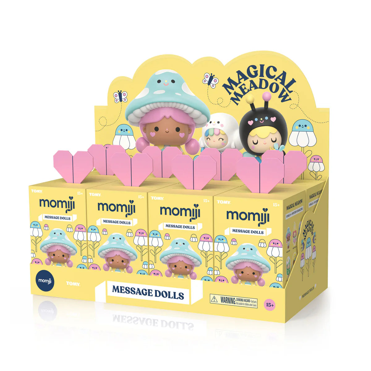 Magical Meadow Momiji Dolls Blind Box Series display with collectible figures, message holders, and packaging, featuring three characters and a choking-hazard warning.