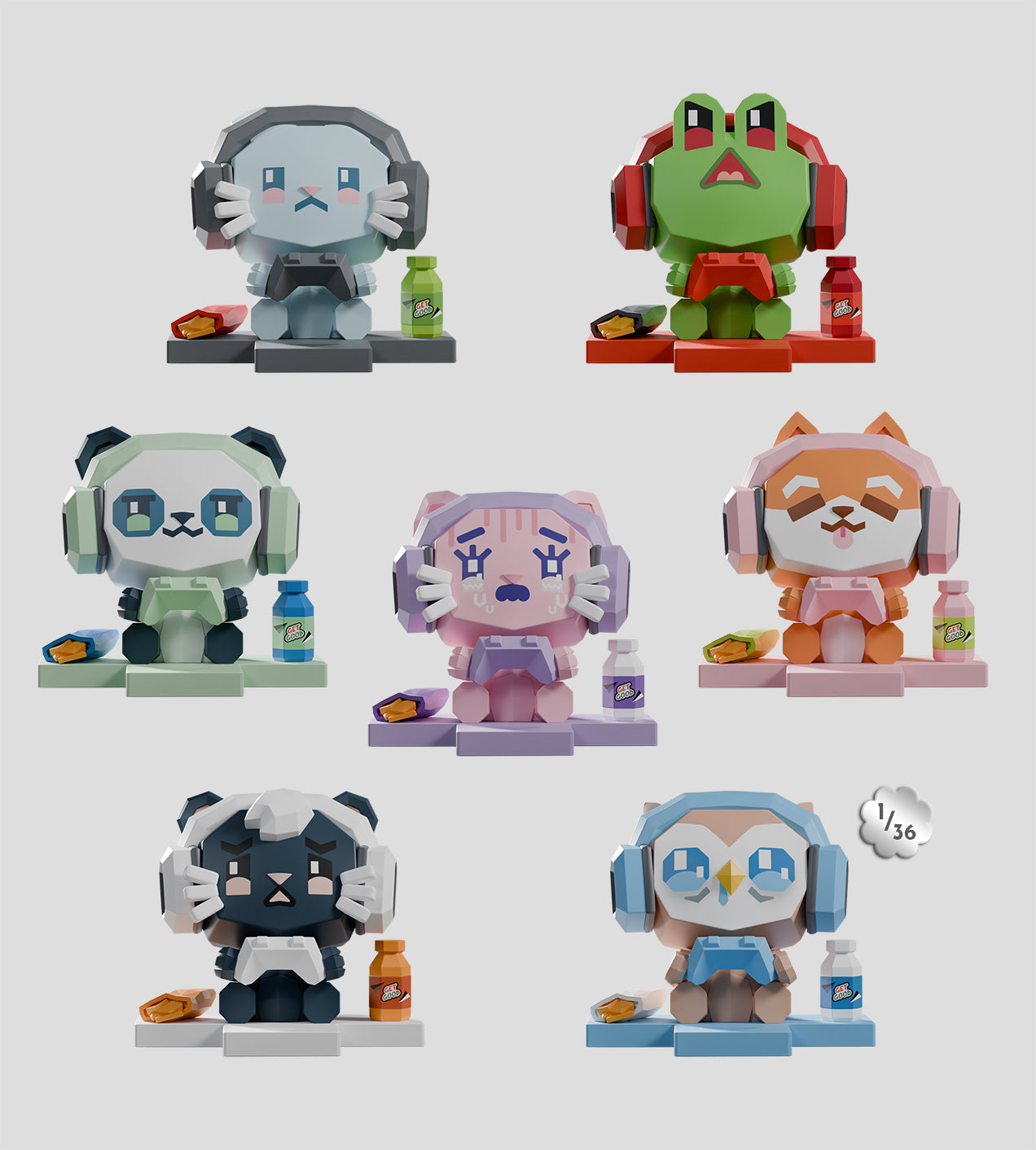 Mega-Mini Arcade Blind Box figurines, featuring seven gamer animals with game controllers, snacks, and headphones, showcasing one design in a 36-piece collectible set.
