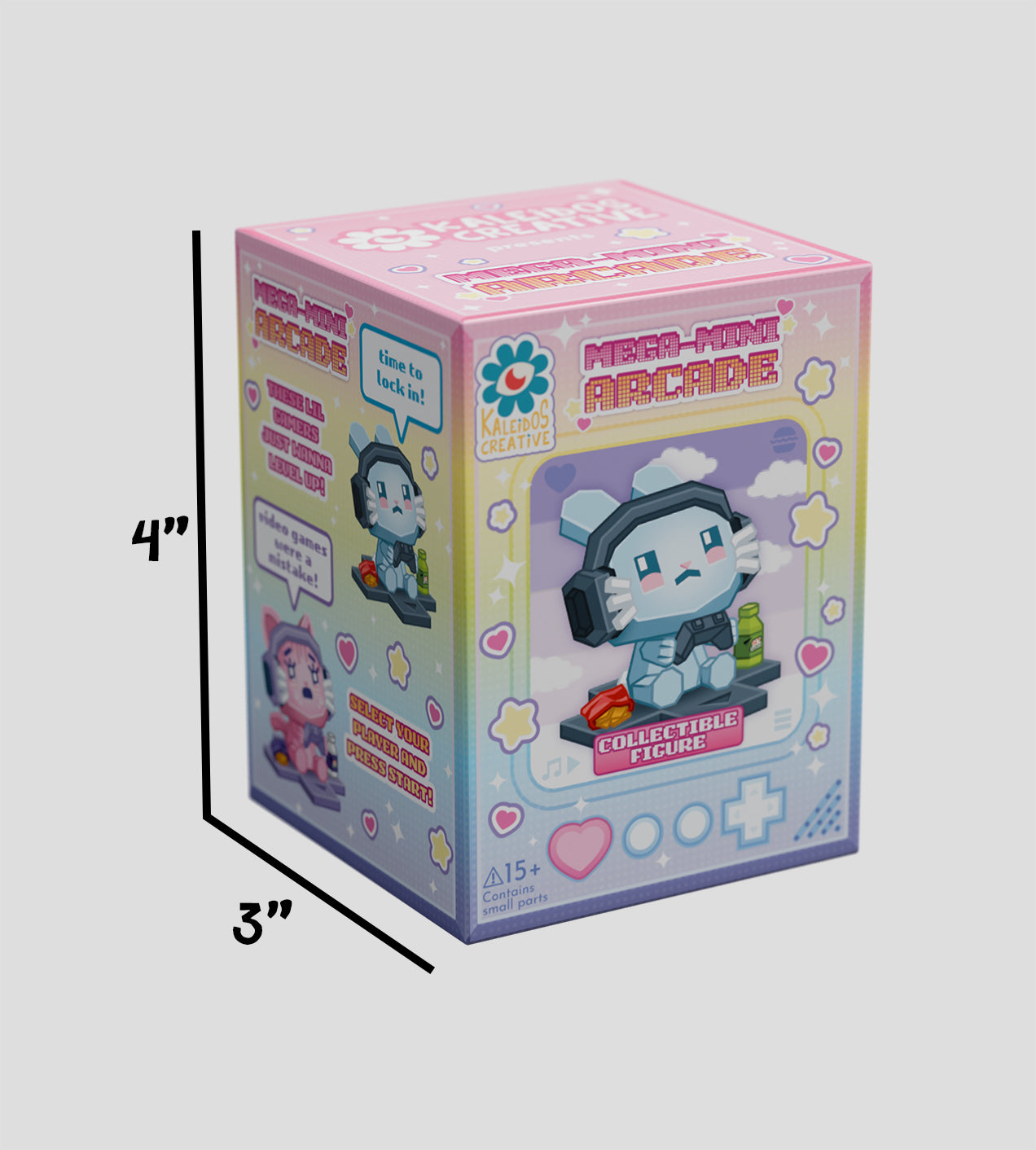 Mega-Mini Arcade Blind Box - Preorder: Features a block-style bunny gamer figure with accessories in pastel-rainbow, pixel-art packaging. Includes collectible card; preorder for October 2025.
