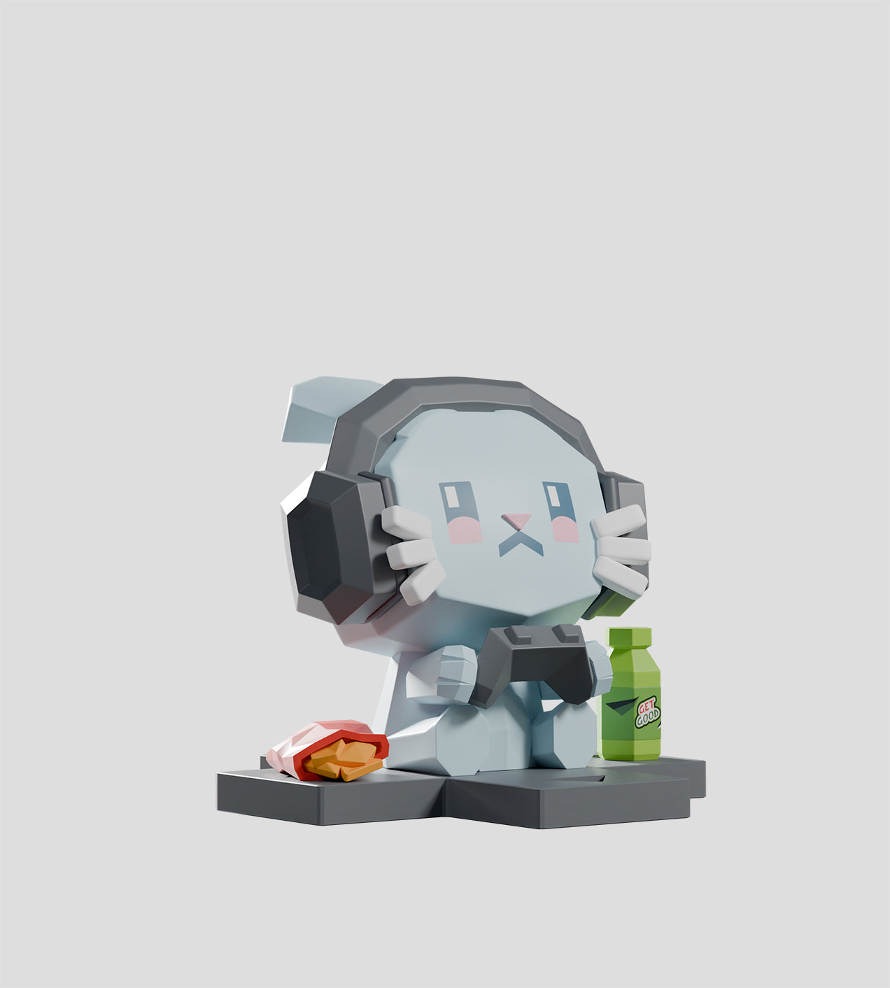 Mega-Mini Arcade Blind Box - Preorder: A low-poly bunny with headphones, holding a gamepad, beside chips and a Get Good bottle, embodying playful gamer vibes.