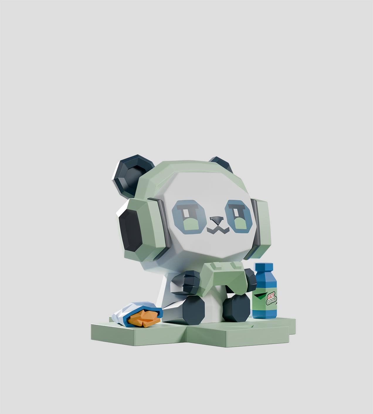Mega-Mini Arcade Blind Box - Preorder: A 3D illustration of a low-poly panda gamer with headphones, holding a controller, flanked by a GET GOOD bottle and snack pack.