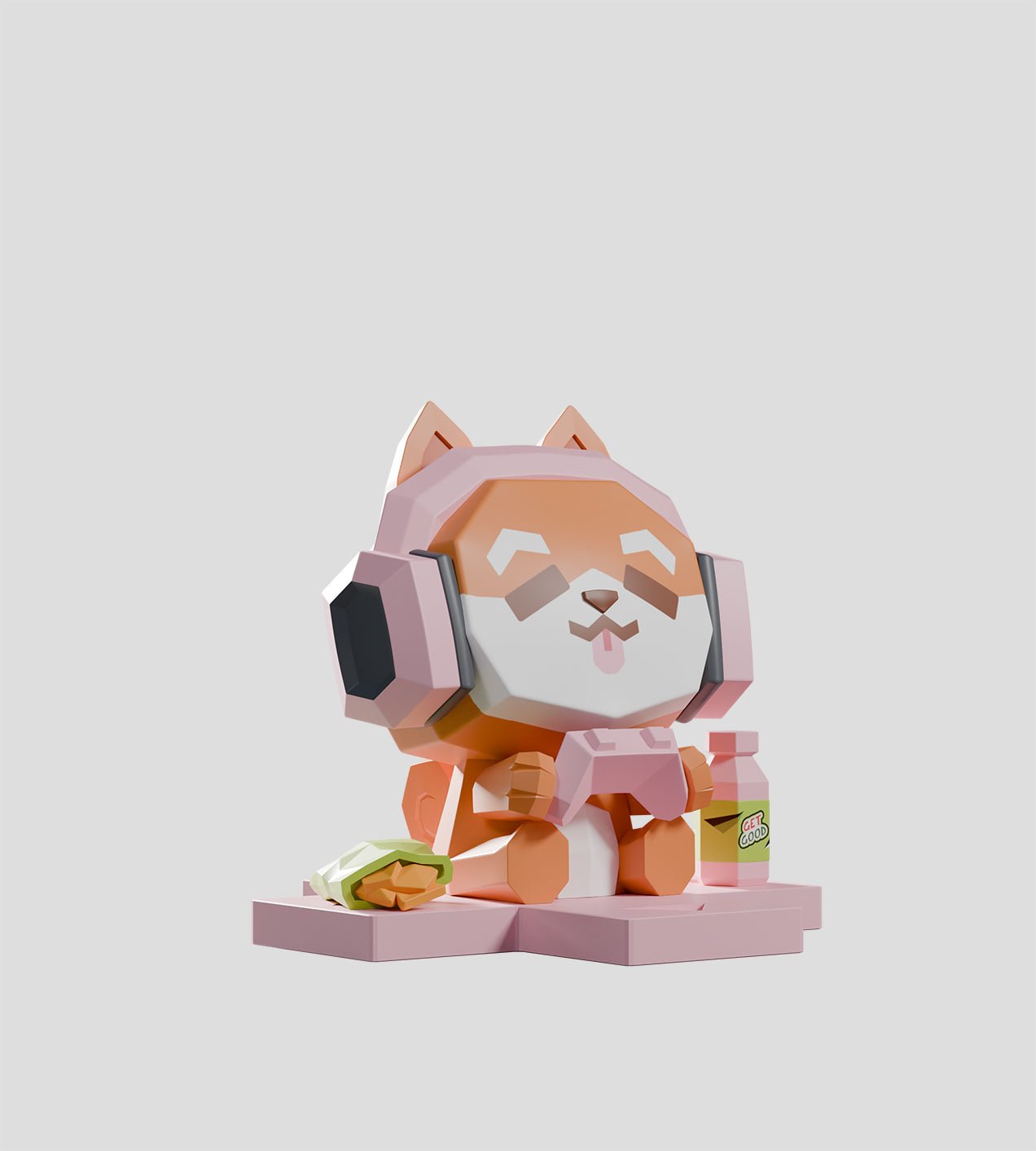 Mega-Mini Arcade Blind Box - Preorder: Stylized Shiba-inu figure with pink headphones, controller, GET GOOD bottle, and snack, capturing a playful gaming vibe.
