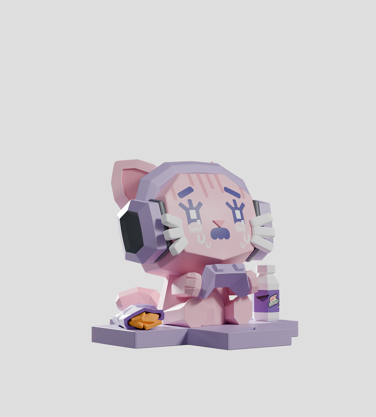 Mega-Mini Arcade Blind Box preorder: a pastel-pink gamer cat with purple headphones, game controller, fries, and a Get Good bottle, expressing a distressed gaming moment.