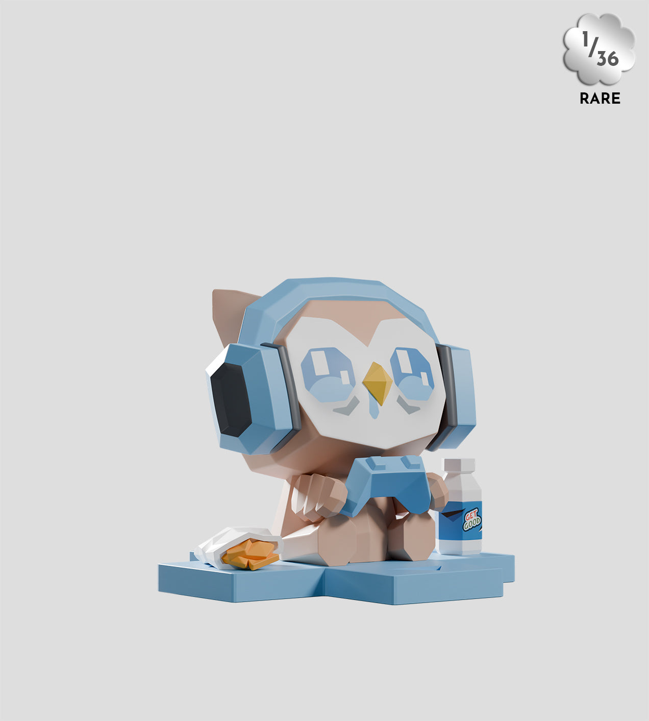 Mega-Mini Arcade Blind Box - Preorder: A stylized owl gamer with headphones and gamepad, featuring RARE collectible status, part of a limited series with snack and bottle.