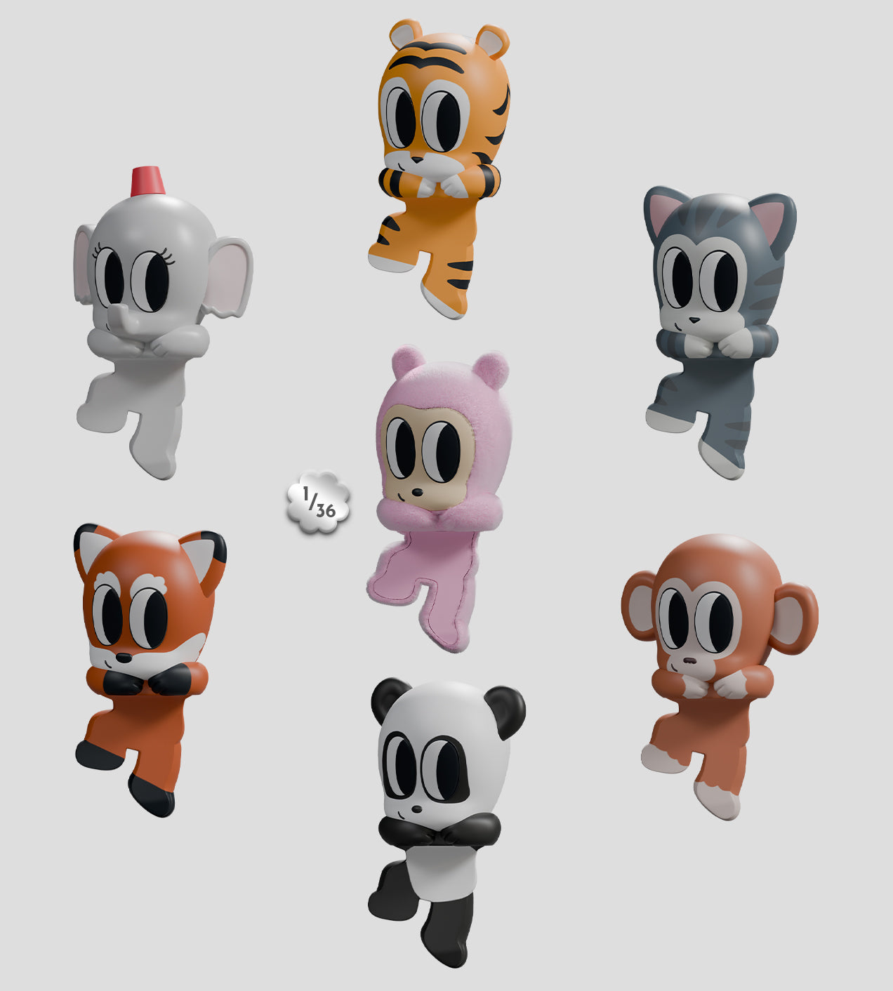 Tiny Shiny Hineys Peekers Blind Box features eight stylized animal figures in a unique pose, perfect for decorating devices with adhesive backing.