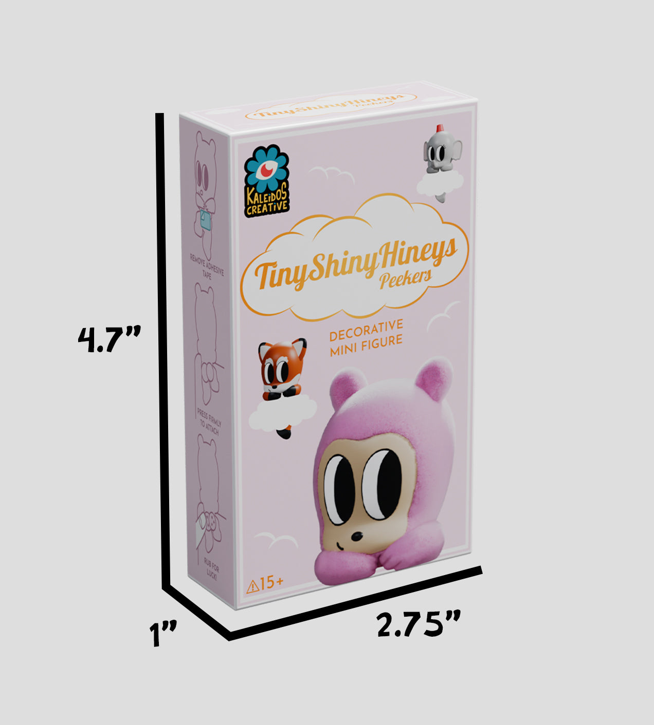 Tiny Shiny Hineys Peekers Blind Box features a pastel pink figure on a decorative mini figure packaging with adhesive instructions for flat surfaces.
