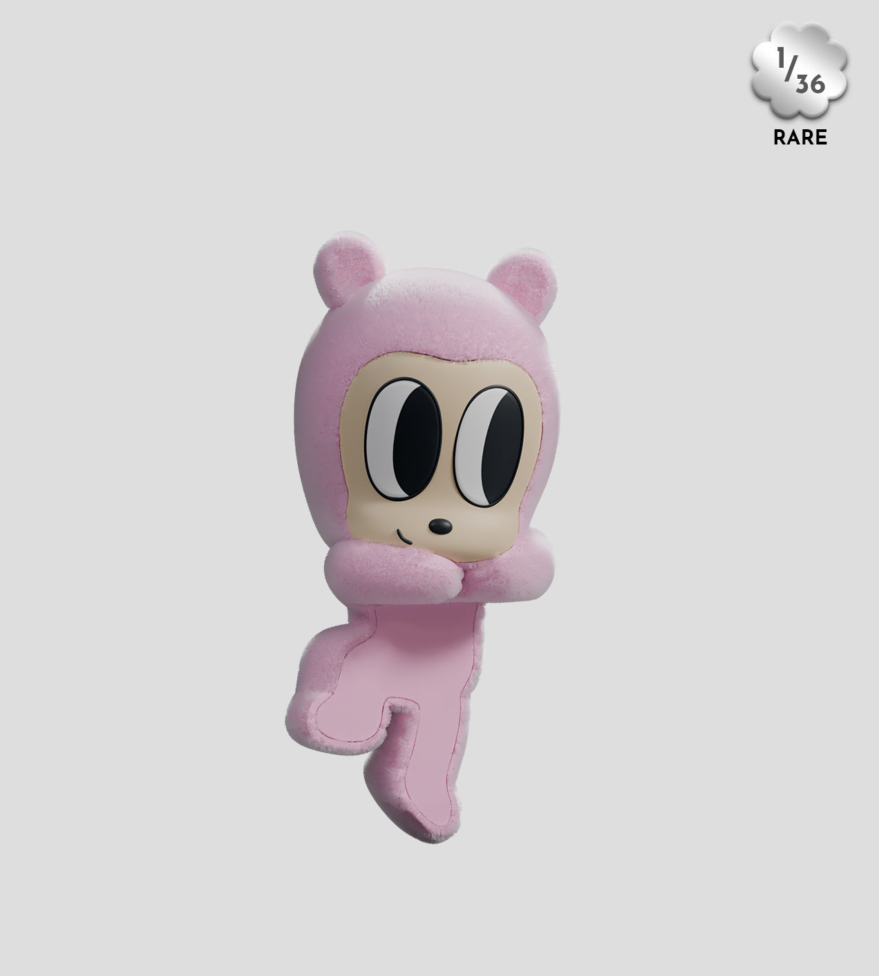 Tiny Shiny Hineys Peekers Blind Box: A rare, plush cartoon figure in a fuzzy pink bear-ears onesie, showcasing collectible charm with adhesive for display.