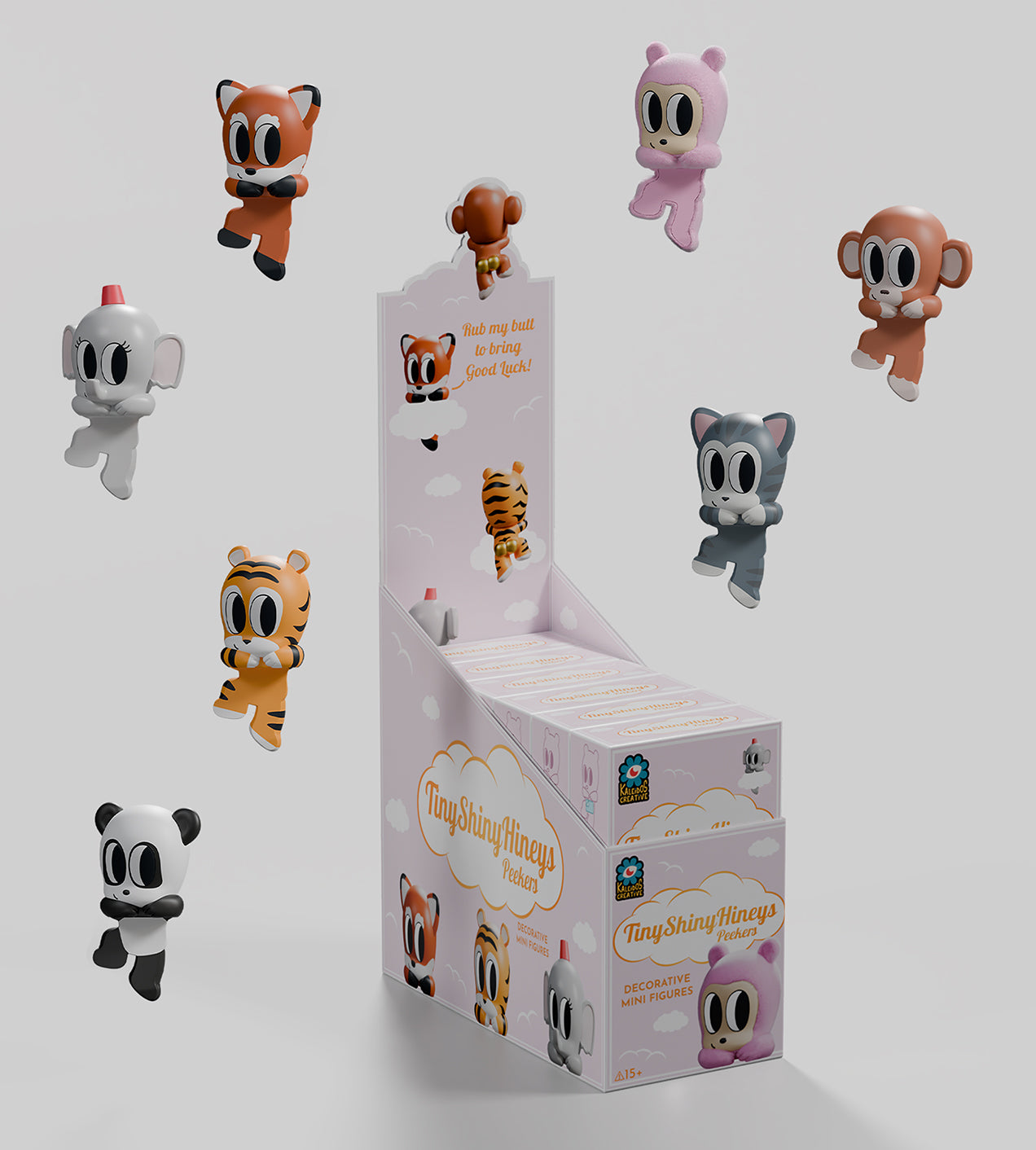 Tiny Shiny Hineys Peekers Blind Box display featuring big-eyed animal figures with adhesive backs for decoration on gadgets.