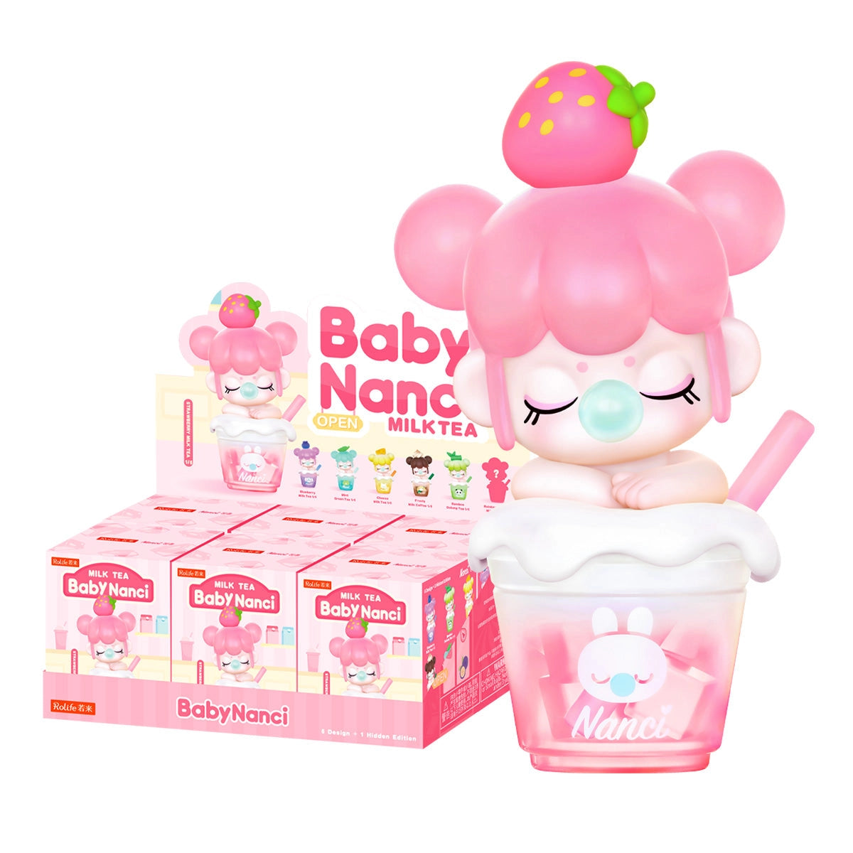 Rolife BabyNanci Surprise Figure Dolls - Milk Tea Series NDXX, featuring a strawberry-themed doll in a bubble-tea cup, displayed with boxed mystery variants.