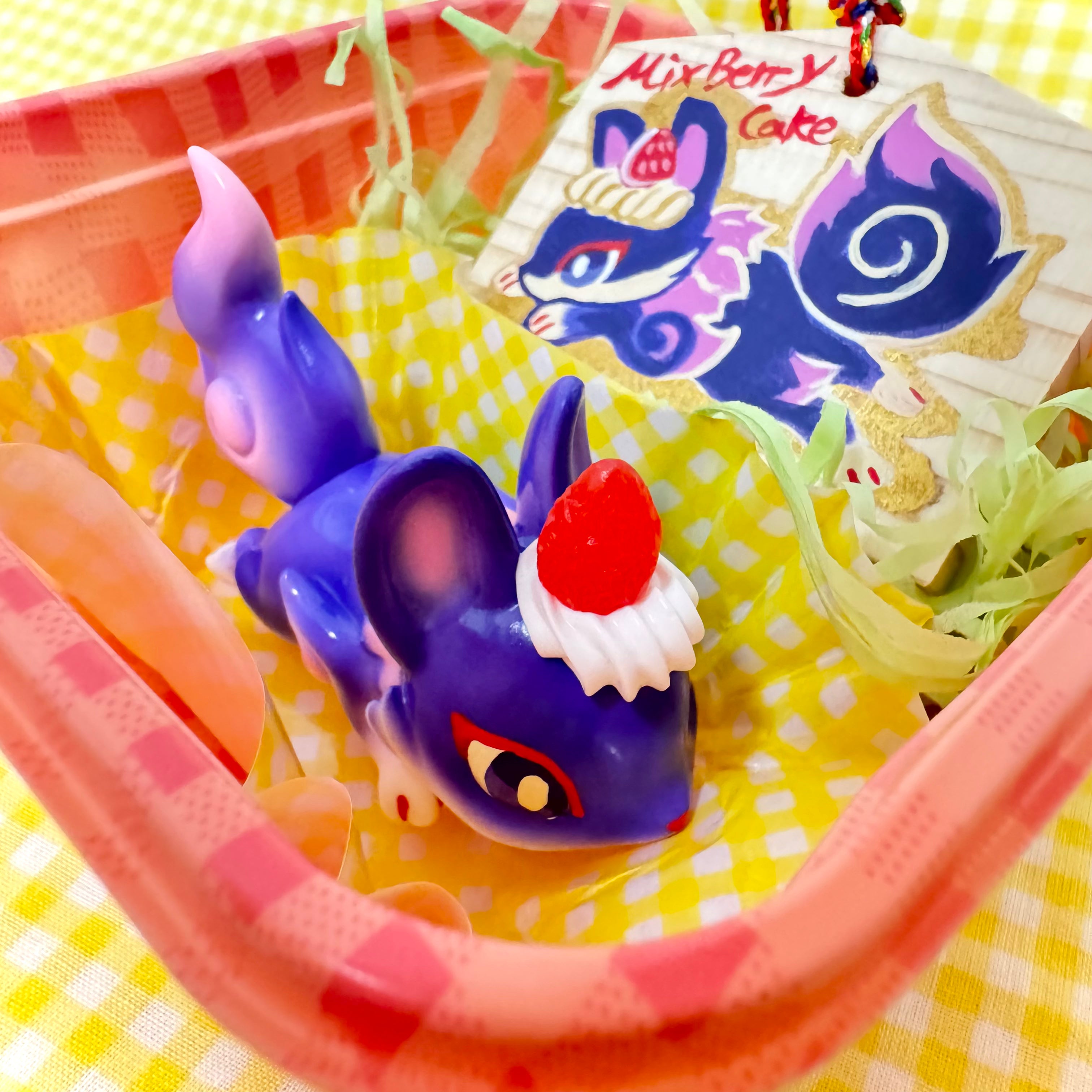 Alt text: Little Sleeping Fox - Mixed Berry Cheesecake by Genkosha, a 6cm soft vinyl toy animal in a plastic container.