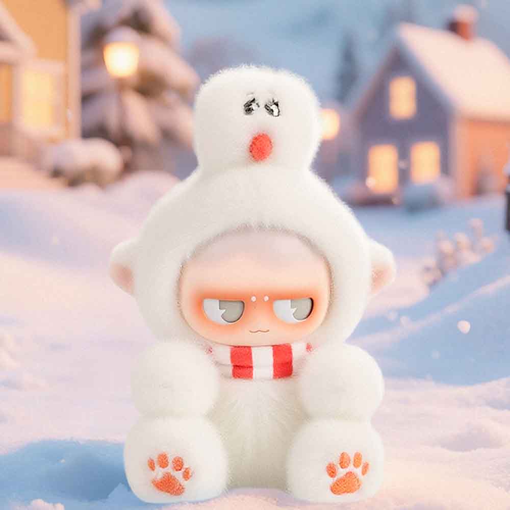 MONBOO-Monster Paradise Series Plush Blind Box: Cute character in snowman outfit with scarf, rosy cheeks, pre-order collectible toy from Strangecat Toys.
