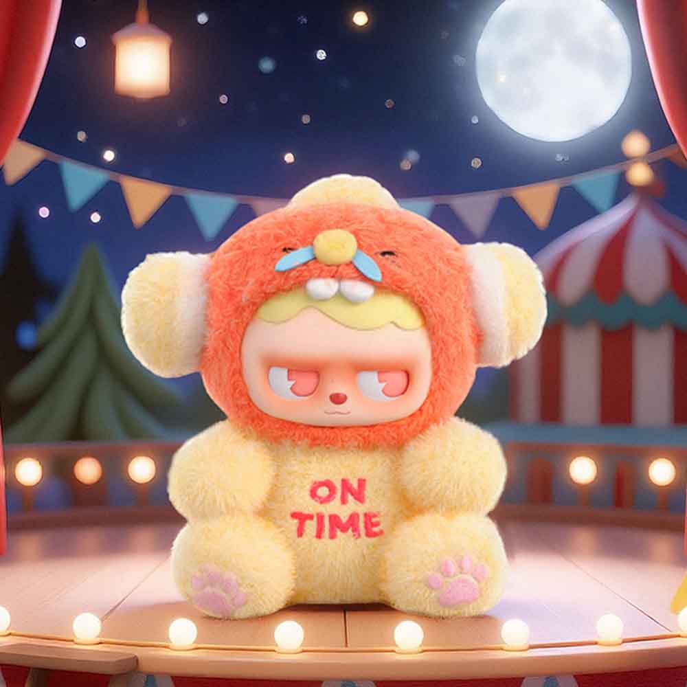 MONBOO-Monster Paradise Series Plush Blind Box features a plush character in a carnival set, wearing a yellow suit with ON TIME embroidered.
