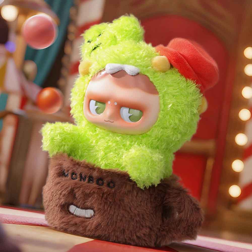 MONBOO-Monster Paradise Series Plush Blind Box - Preorder features a lime-green sleepy creature with a red cap on a brown block.