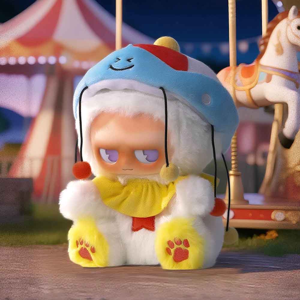 MONBOO-Monster Paradise Series Plush Blind Box features a plush character in a fluffy costume with colorful accessories, set against a carnival backdrop.