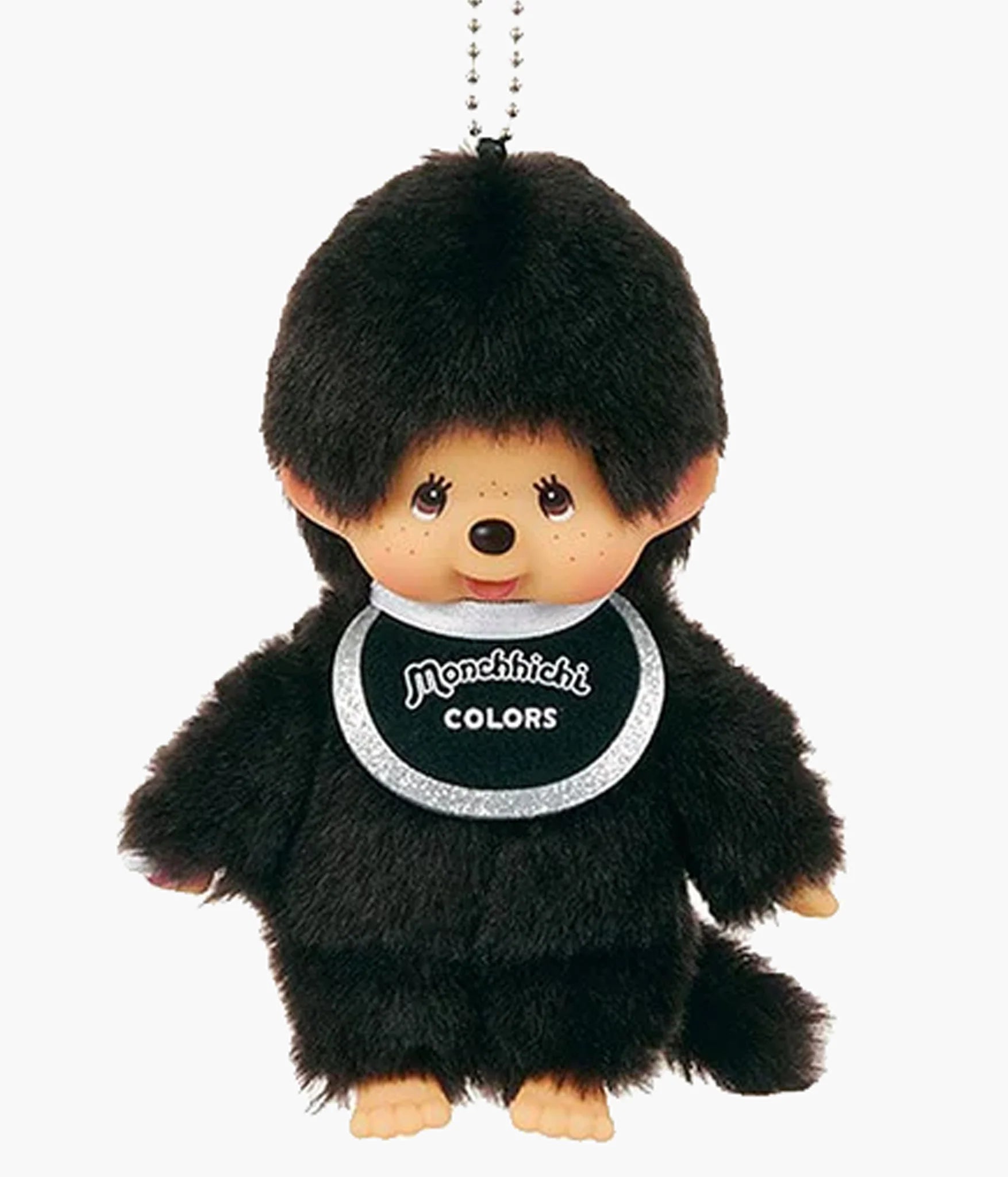 Monchhichi Colors Series Ball Keychain - Black, featuring dark fluffy fur, tiny hands and feet, with a Monchhichi COLORS bib and ball-chain attachment.