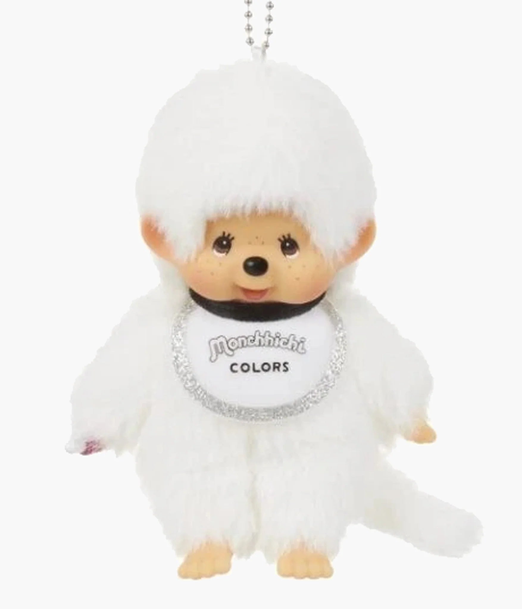 Monchhichi Colors Series Ball Keychain - White, a plush monkey-like figure with soft fur and a ball chain for easy attachment to bags or keys.