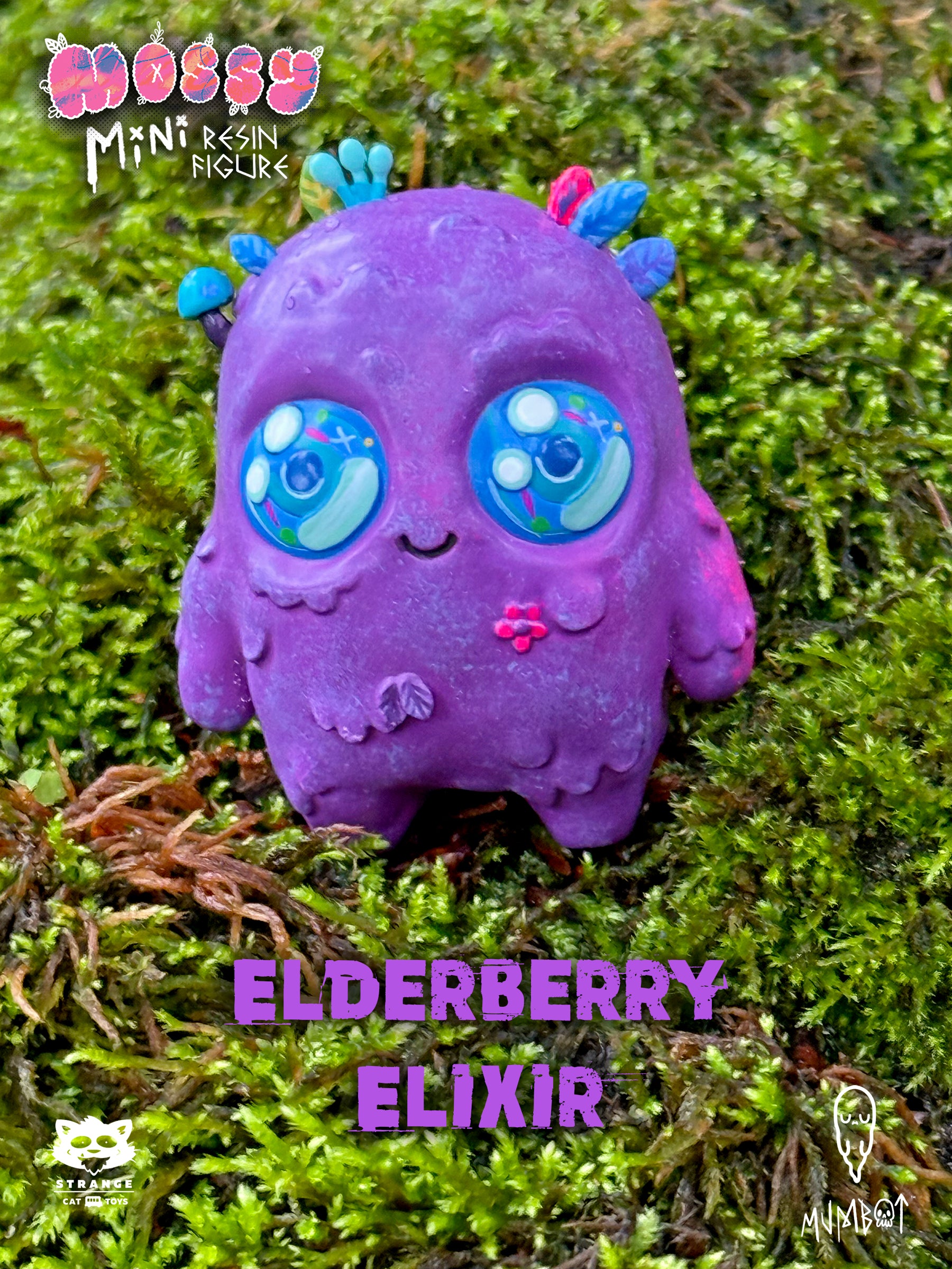Mossy - The Mini Moss Spirit - ELDERBERRY ELIXIR by Mumbot, a 5cm resin art toy, depicting a serene forest creature with microscopic friend Taro the Tardigrade. Limited edition.