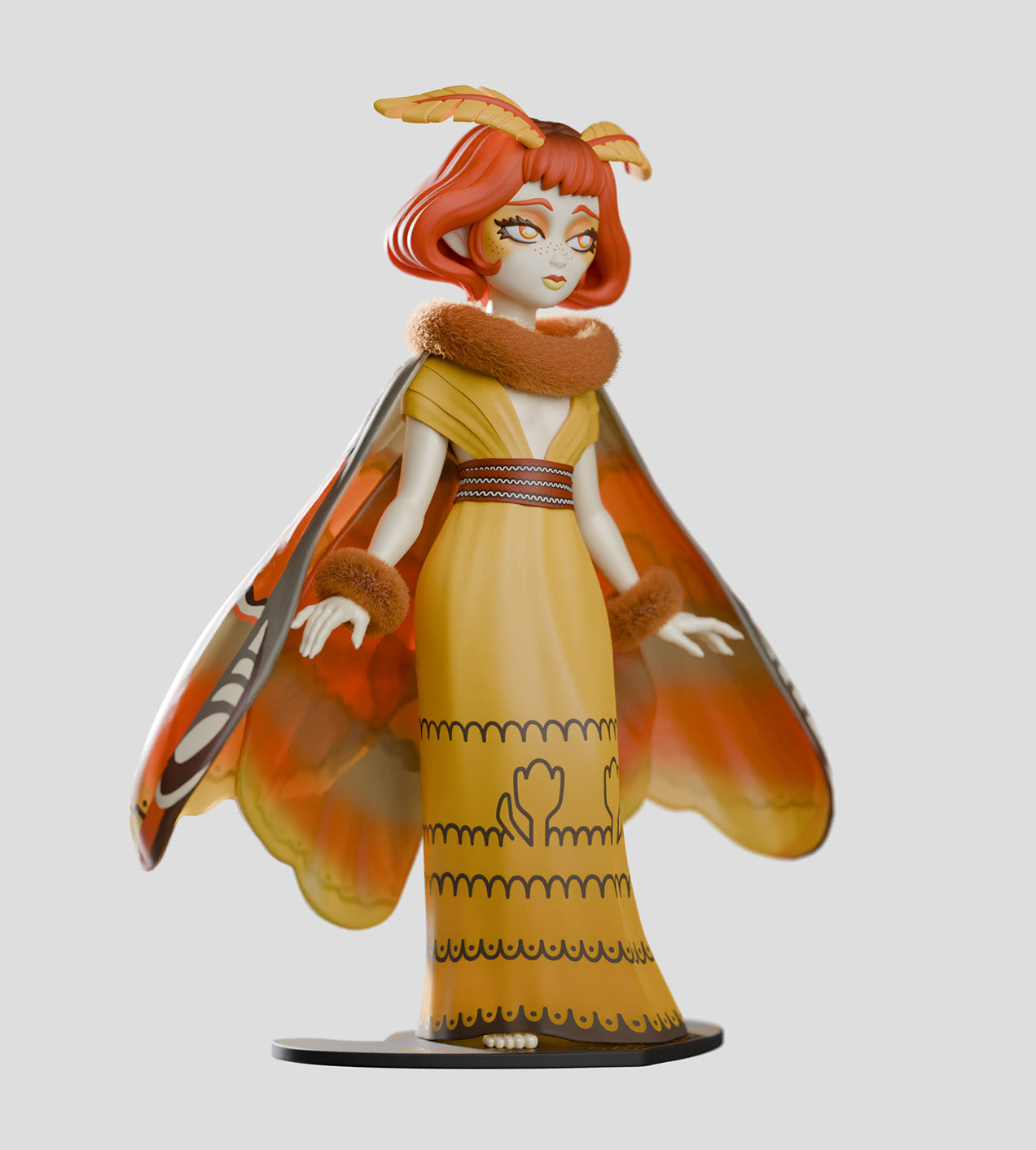 Moth Fairies figurine featuring Atlas, a vibrant fairy with orange and yellow wings, dressed in a flowing gown, embodying elegance and charm.